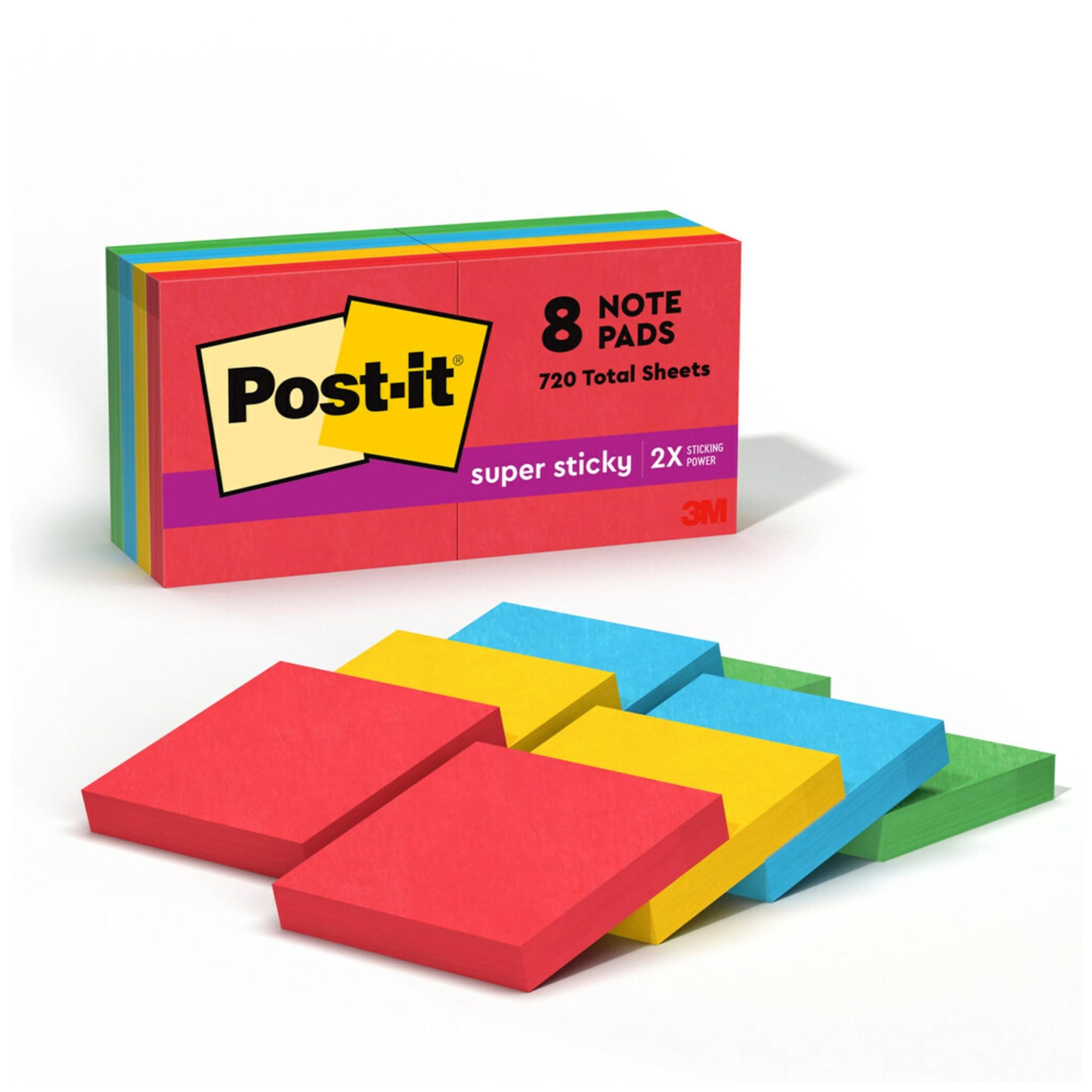 Post-it Super Sticky Notes, 8 Sticky Note Pads, 1.875 x 1.875 in., Back to School Supplies for Students, Ideal for Textbooks, Notebooks, and Vertical Surfaces, Playful Primaries Collection