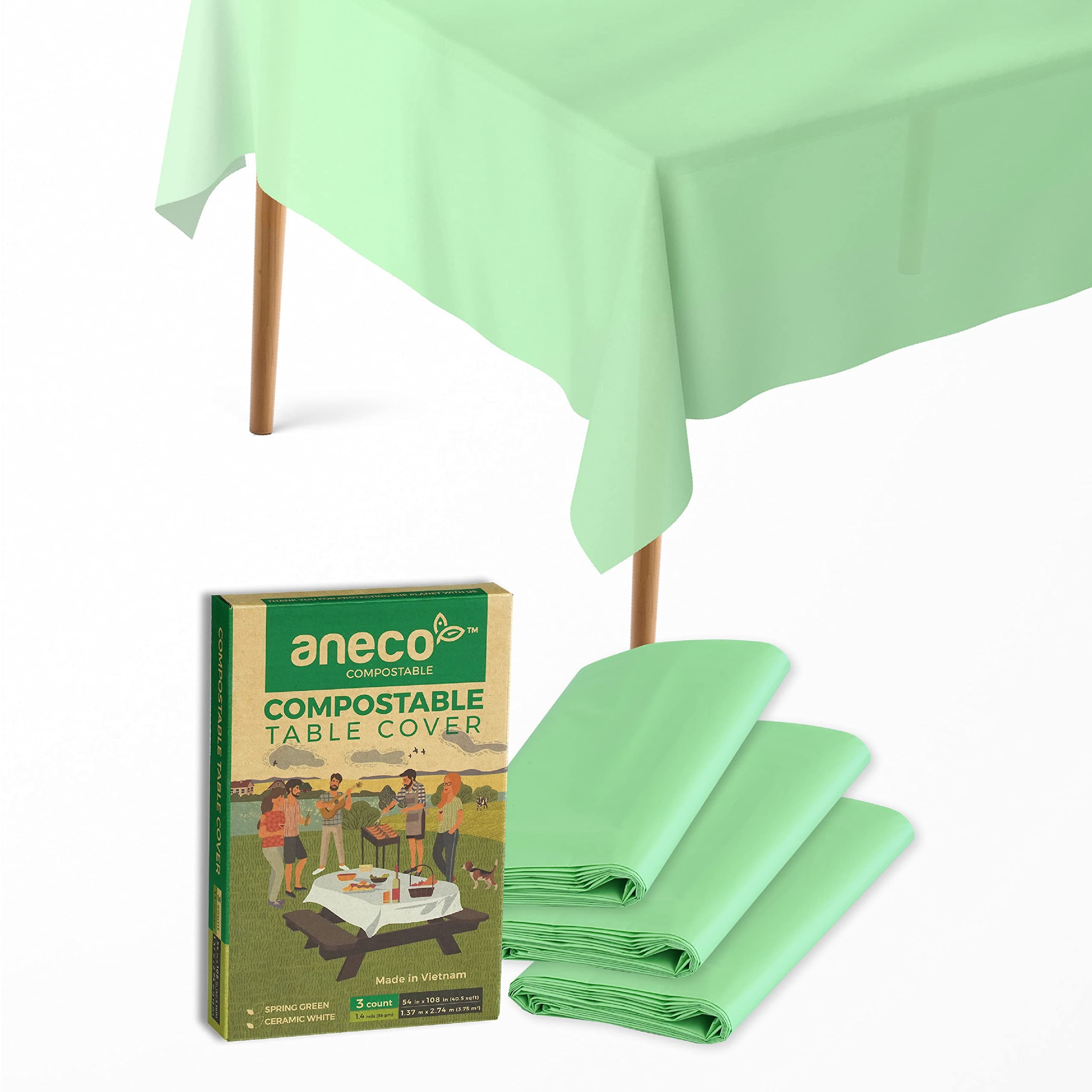 - 100% Compostable Tablecloths for Rectangle Tables (54''x108'', 3 Count) - Green Disposable Rectangular Tablecloth - Anti-Plastic Table Cover for Outdoor, Party, Picnic, Wedding