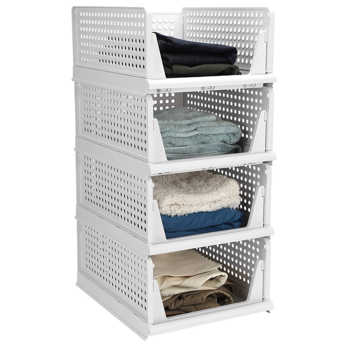 Hossejoy Set of 4 Stackable Wardrobe Storage Box, Plastic Drawer Organizer, Foldable Clothes Shelf Baskets, Folding Containers Bins Cubes, Perfect for Kitchen, Office, Bedroom & Bathrooms(White)