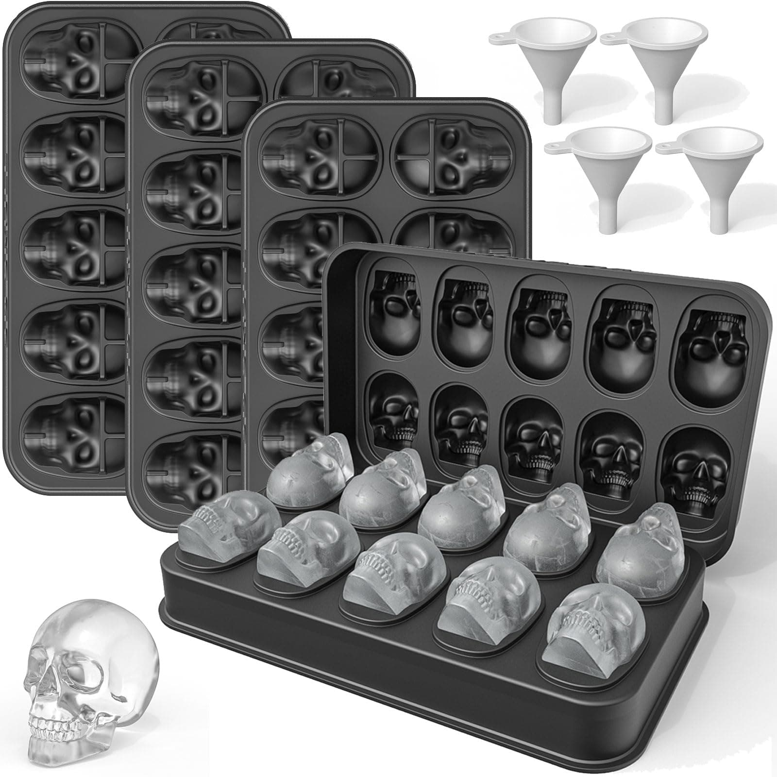 Skull Ice Cube Mold Tray, 4 Pack BPA-Free Skeleton Head Maker Mold, Flexible & Easy Release 3D Skull Molds for Baking Whiskey Cocktail Chocolate Resin, Ideal Gift for Halloween Party
