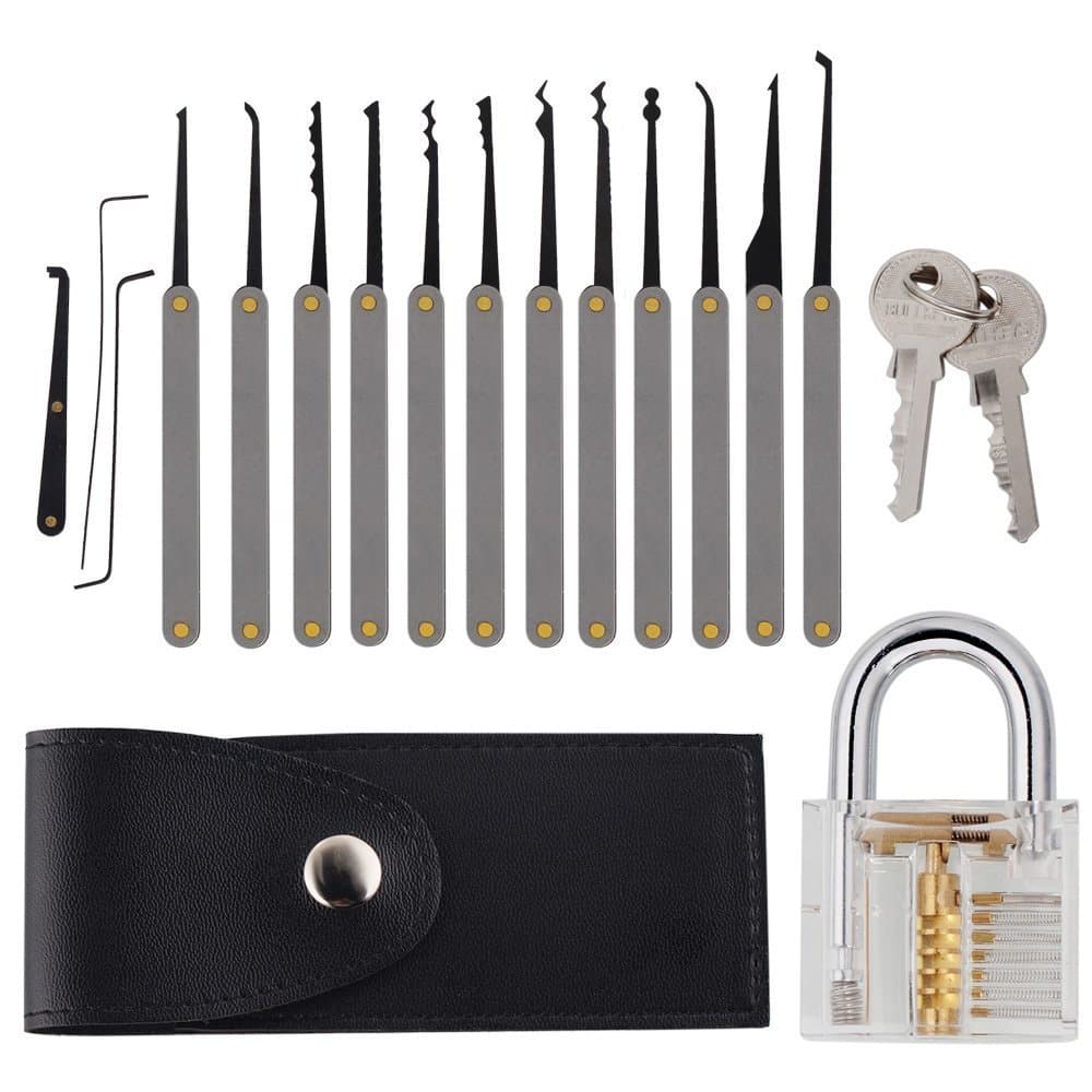 WASOON 15-Pieces Locksmith Practice Lock Pick Set Lock Picking Tools + Transparent Padlock for Locksmith Training Beginners Cutaway Lock Set with PDF Ebook Training Manual
