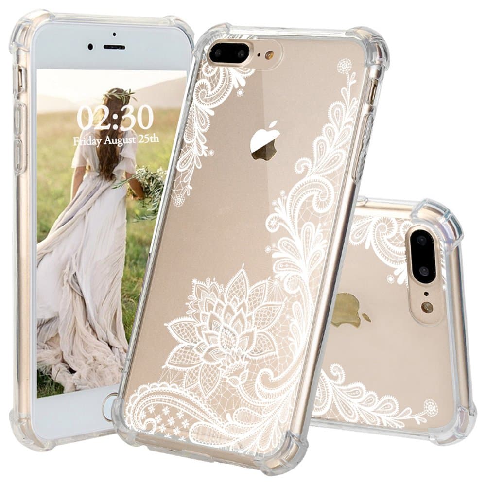 iPhone 8 Plus Case, JEXICASE White Lace Flower Pattern Clear Shock Absorption Technology Bumper Hybrid Protective Cover Case for iPhone 8 Plus 5.5 Inch