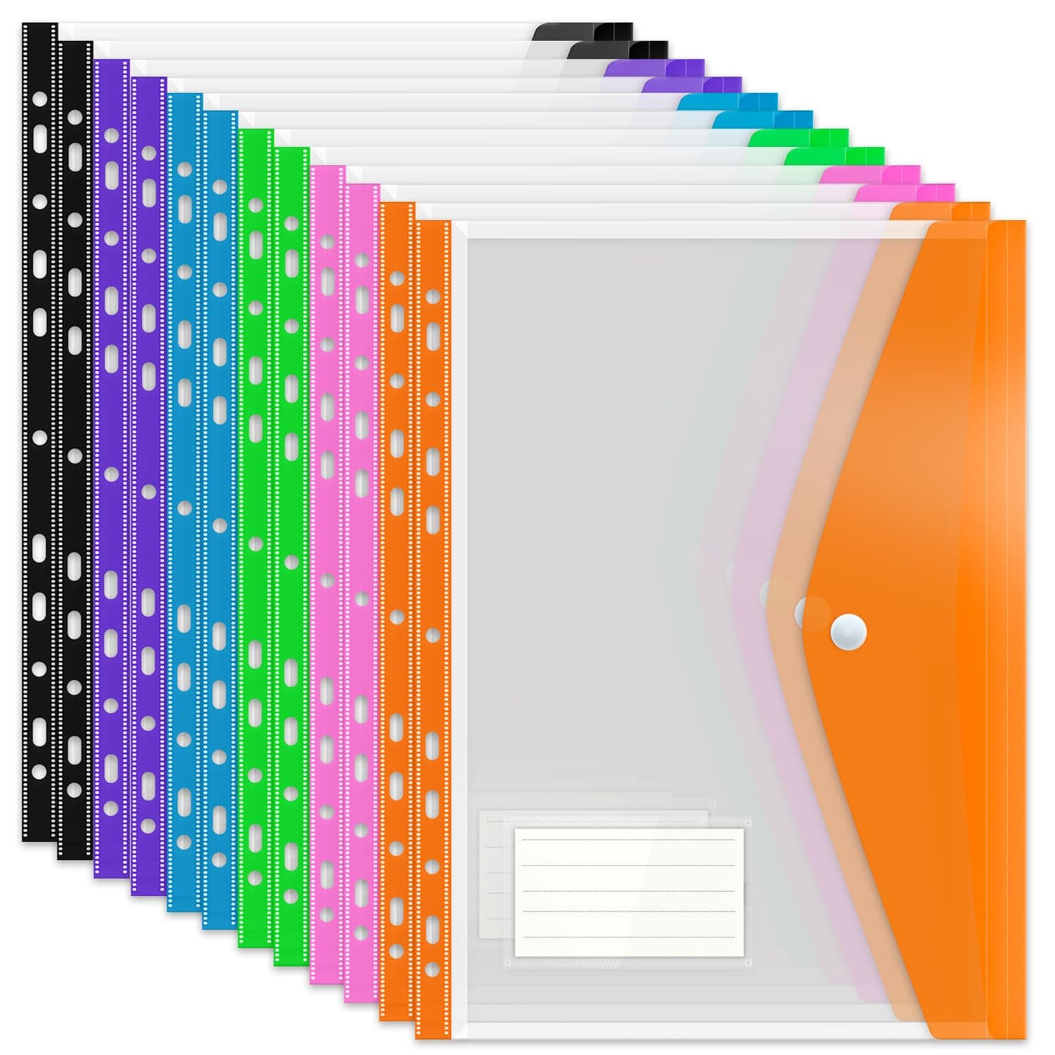 Punched Pockets Plastic Wallets, 12Pcs A4 File Folders for Document Paperwork Clear Assorted Coloured Envelope with Label Pocket Snap Button Ring Binder Home School Office Supplies