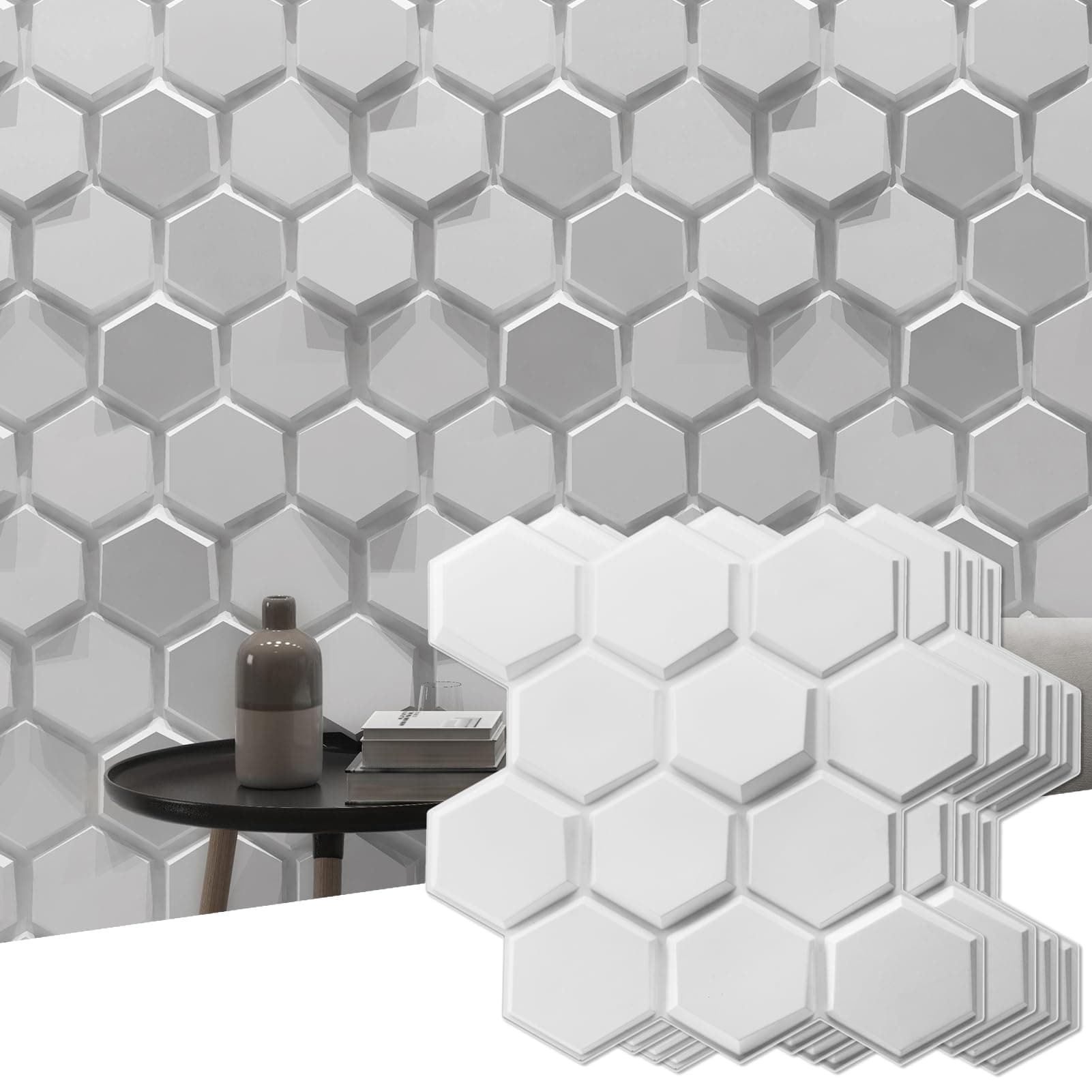 Art3d Textures 3D Wall Panels White Hexagon Design Pack of 48 Tiles 102 Sq Ft (PVC)