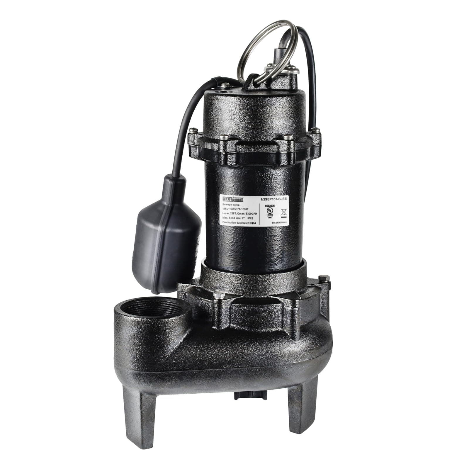 wassermann 1/2 HP Sewage Pump with Automatic Float Switch, Cast Iron, Black, 115V, 5300 GPH, Ideal for Basement and Sewer Well Drainage