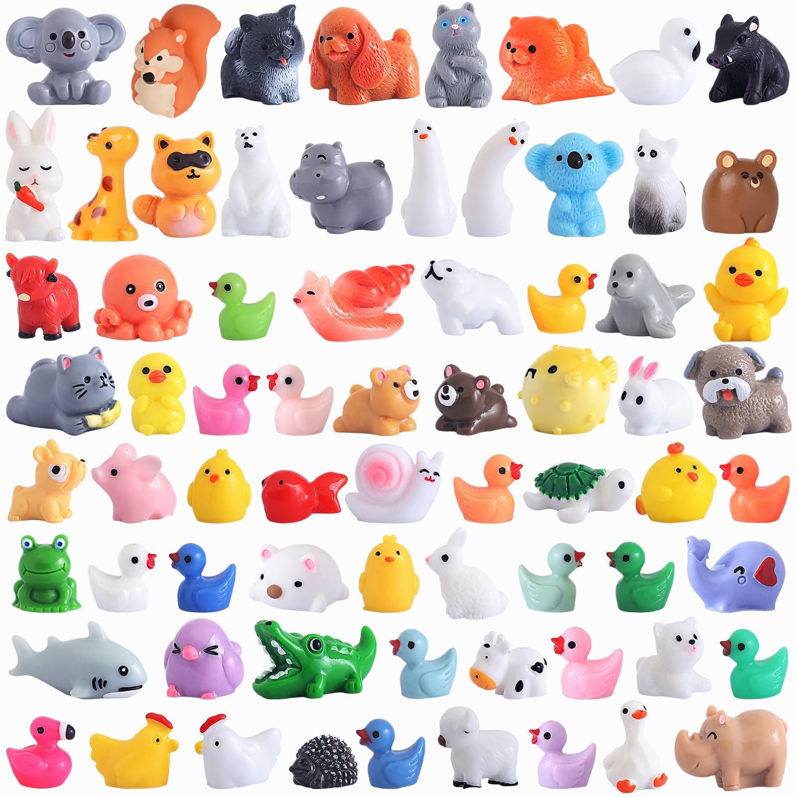 DWWPOO 70 Pcs Mini Resin Animals Tiny Animals Mini Ducks Garden Decor 70 Styles Tiny Resin Miniature Figurines Bulk for Dollhouse Slime Charm for Craft DIY Hide Crafts Decor Aquarium Toys