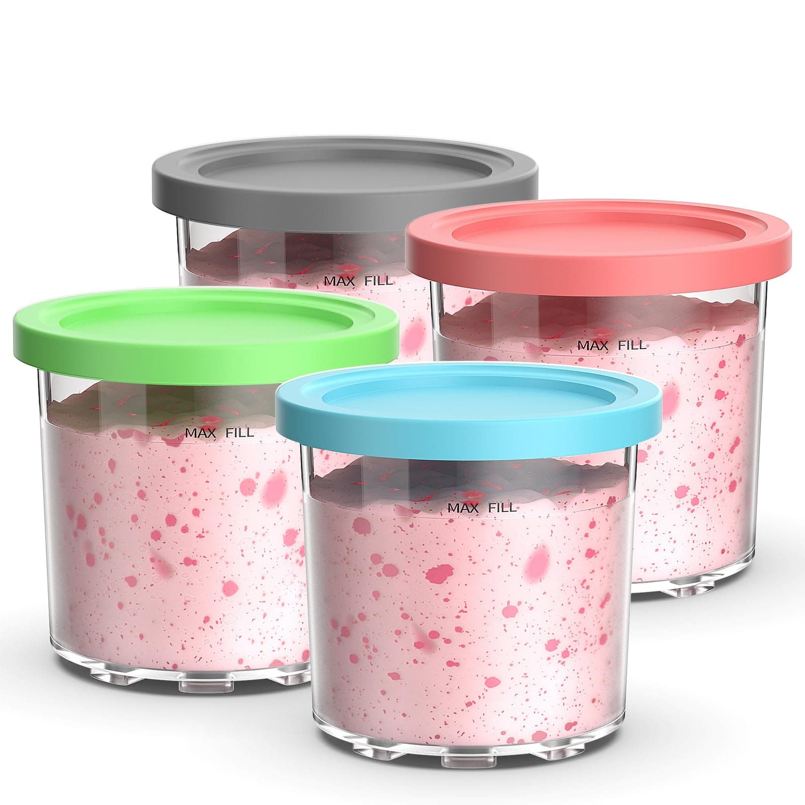 Containers Replacement for Ninja Creami Pints and Lids - 4 Pack,16oz Ice Creamy Containers Cups Jars Canisters Set Compatible with NC299AMZ & NC300s Series Ice Cream Maker- 4 Pack Pink Grey Blue