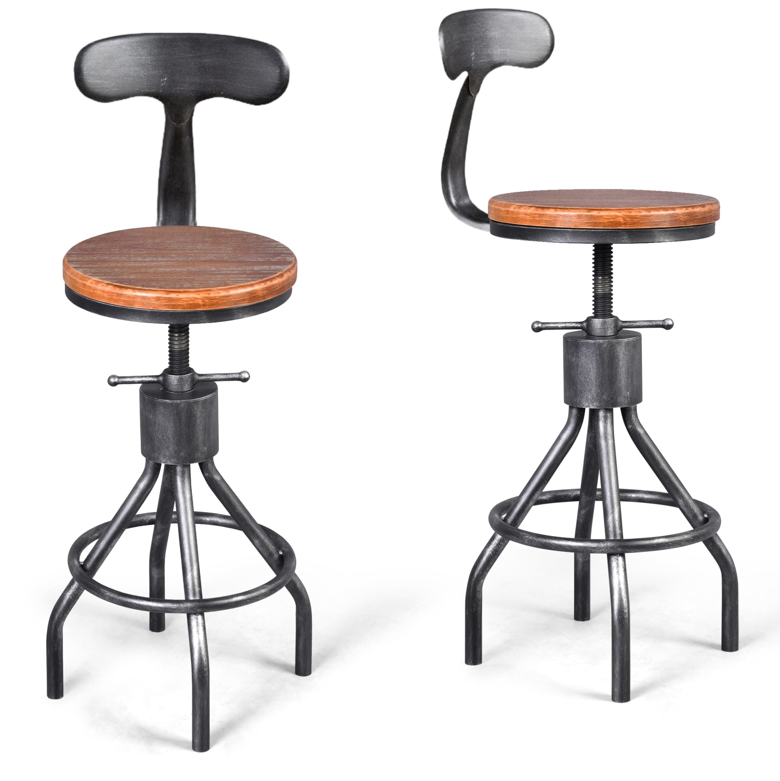 LOKKHAN Set of 2 Rustic Industrial Bar Stool-24-30 Adjustable Metal Swivel Wooden Top Barstools-Counter Height Extra Tall Bar Height-Vintage Farmhouse Kitchen Breakfast Cafe Stool-with Backrest