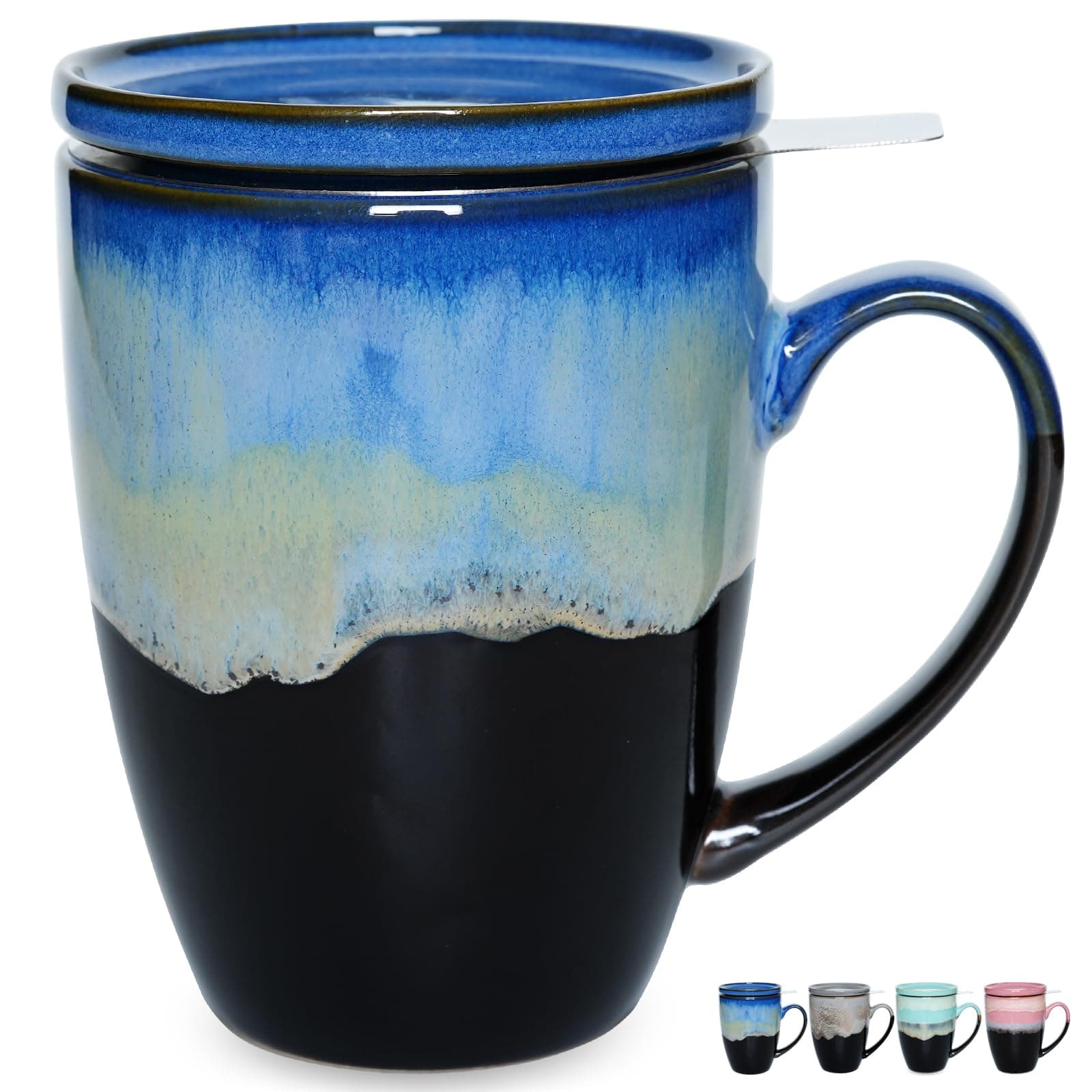 Bosmarlin Ceramic Tea Cup with Infuser and Lid, 13.5 Oz, 4 Colors to Choose, Dishwasher and Microwave Safe, Reactive Glaze, Steeping Tea Mug with Strainer
