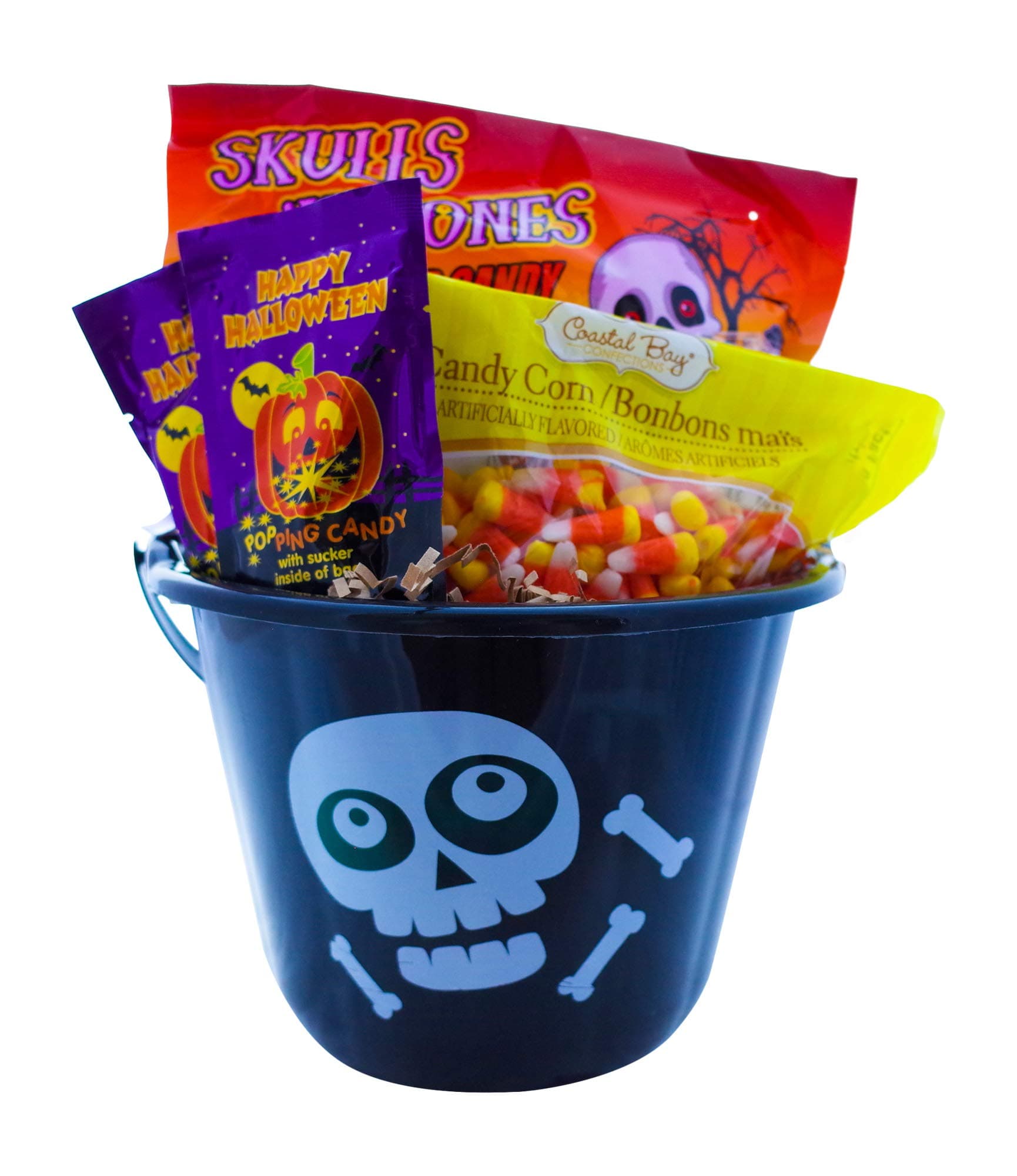 Halloween Candy Gift Basket - Includes Candy Corn, Skull and Bones Candy, Popping Candy and Halloween Metal Pail