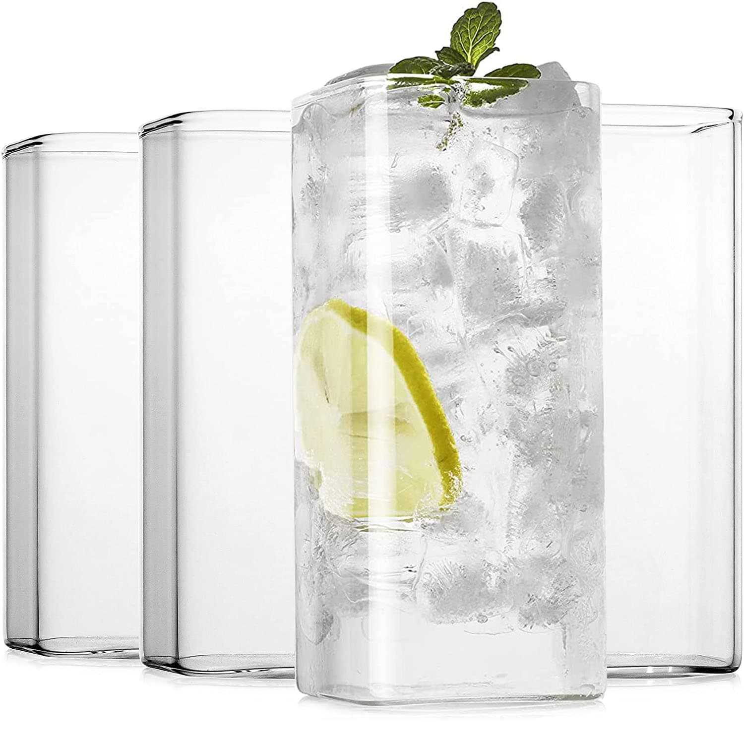 Angju Drinking Glasses 13 oz,Thin Square Glasses Set of 4,Elegant Bar Glassware For Water,Juice,Beer, Drinks,and Cocktails and Mixed Drinks,Lead-Free Square Glass,Glass Drink Tumblers