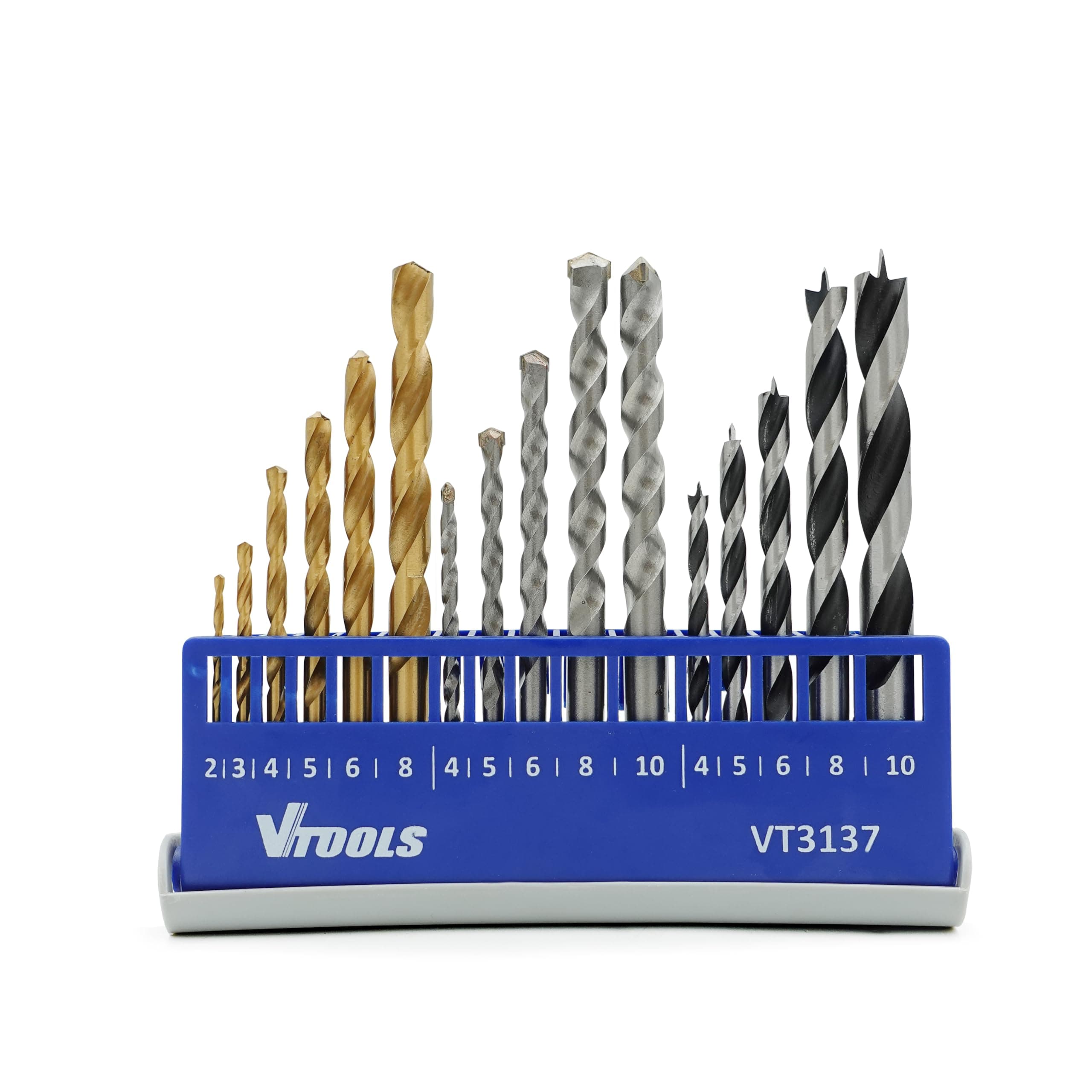 VTOOLS 16Pcs Drill Bits Set, With HSS and HCS Bits, Heat Resistance, 135 Degree Spilt Point, For Hardened Metal, Concrete, Stone and Wood, Blue, VT3137