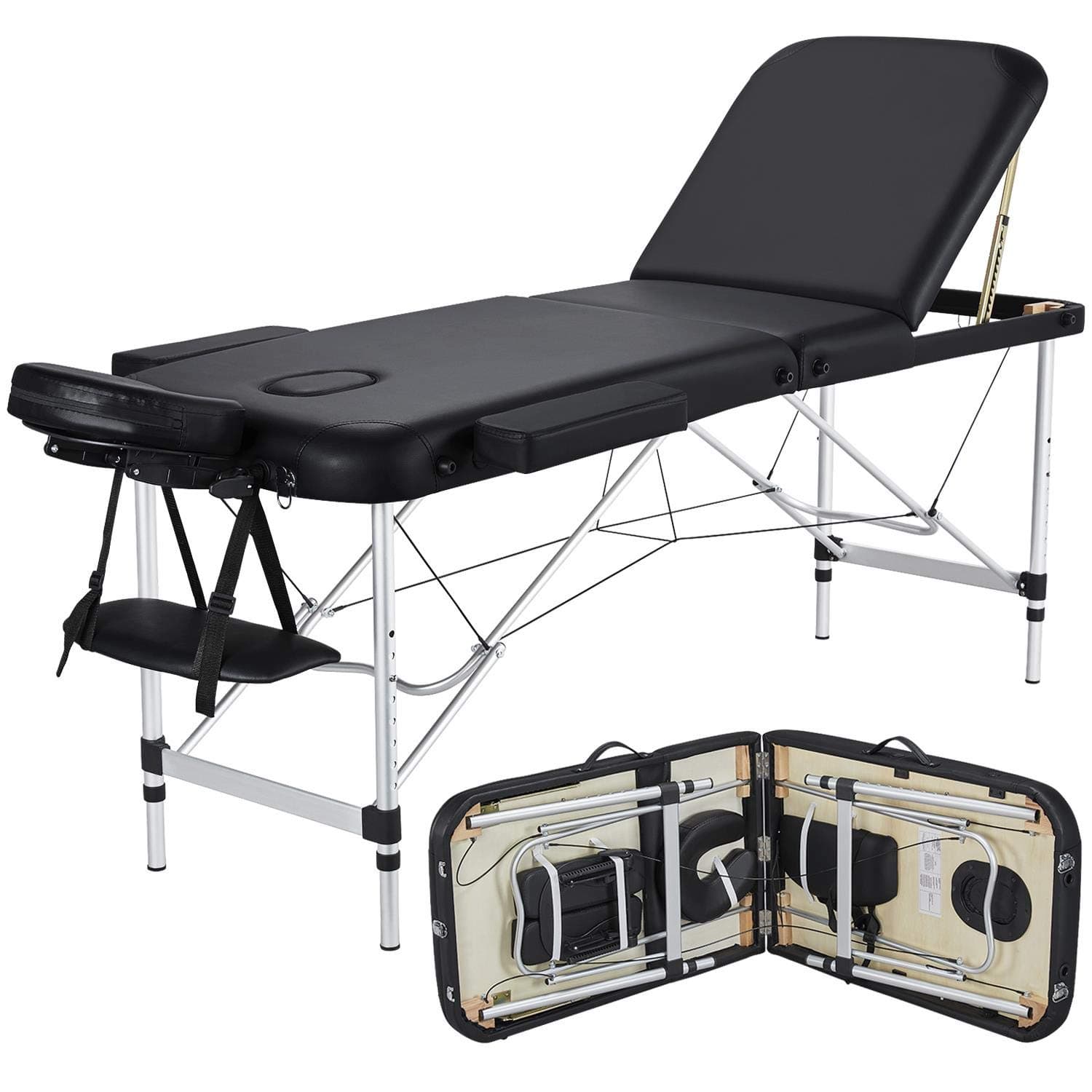 - Yaheetech Aci Massage Table Portable Massage Bed 3 Folding 84 Inch Aluminium Frame Lightweight Height Adjustable Salon Spa Table With Carry Case - Black