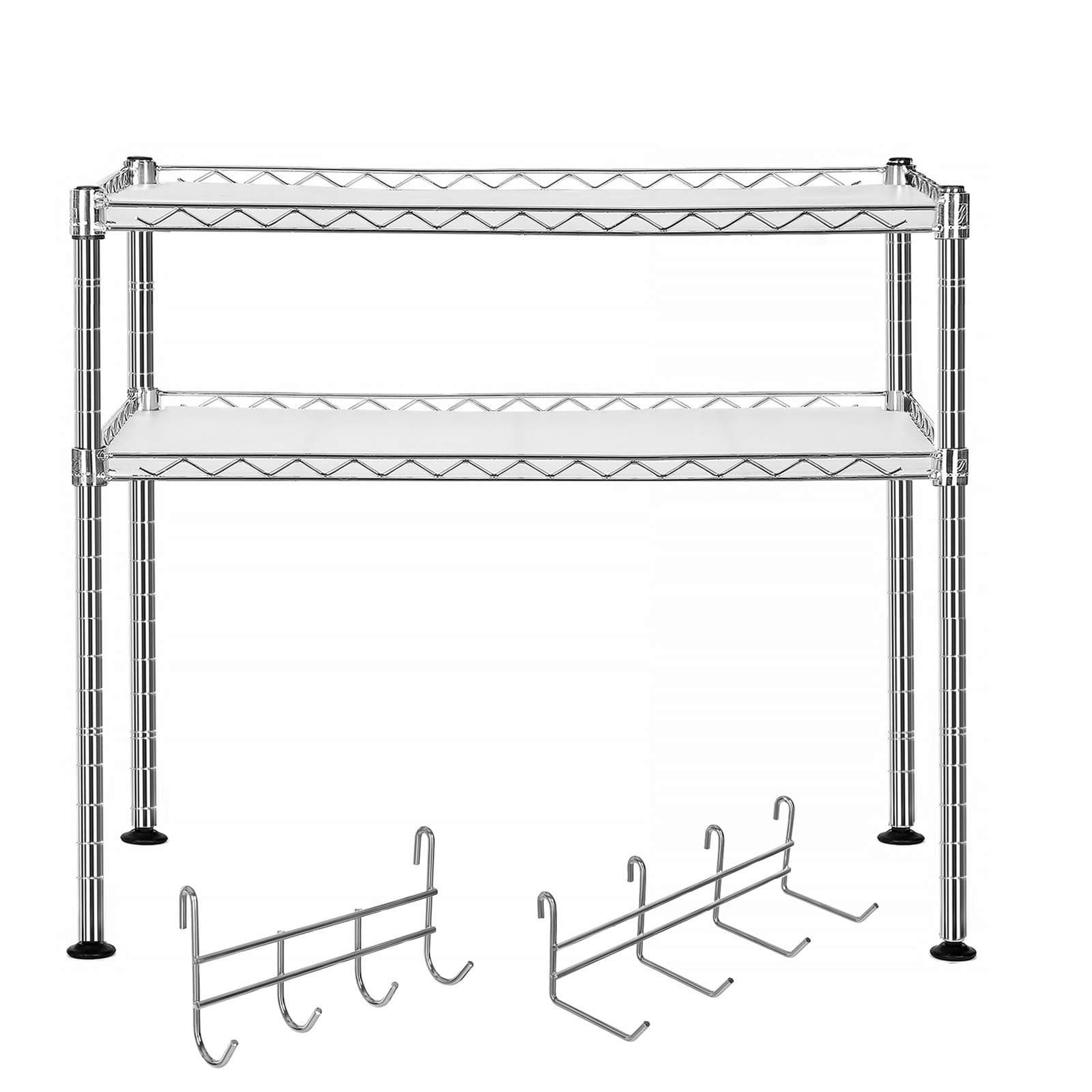 SONGMICS Microwave Oven Rack, 2-Tier Kitchen Countertop Storage Organiser Stand, with 2 Adjustable Shelves and 8 Hooks, Silver LGR20C