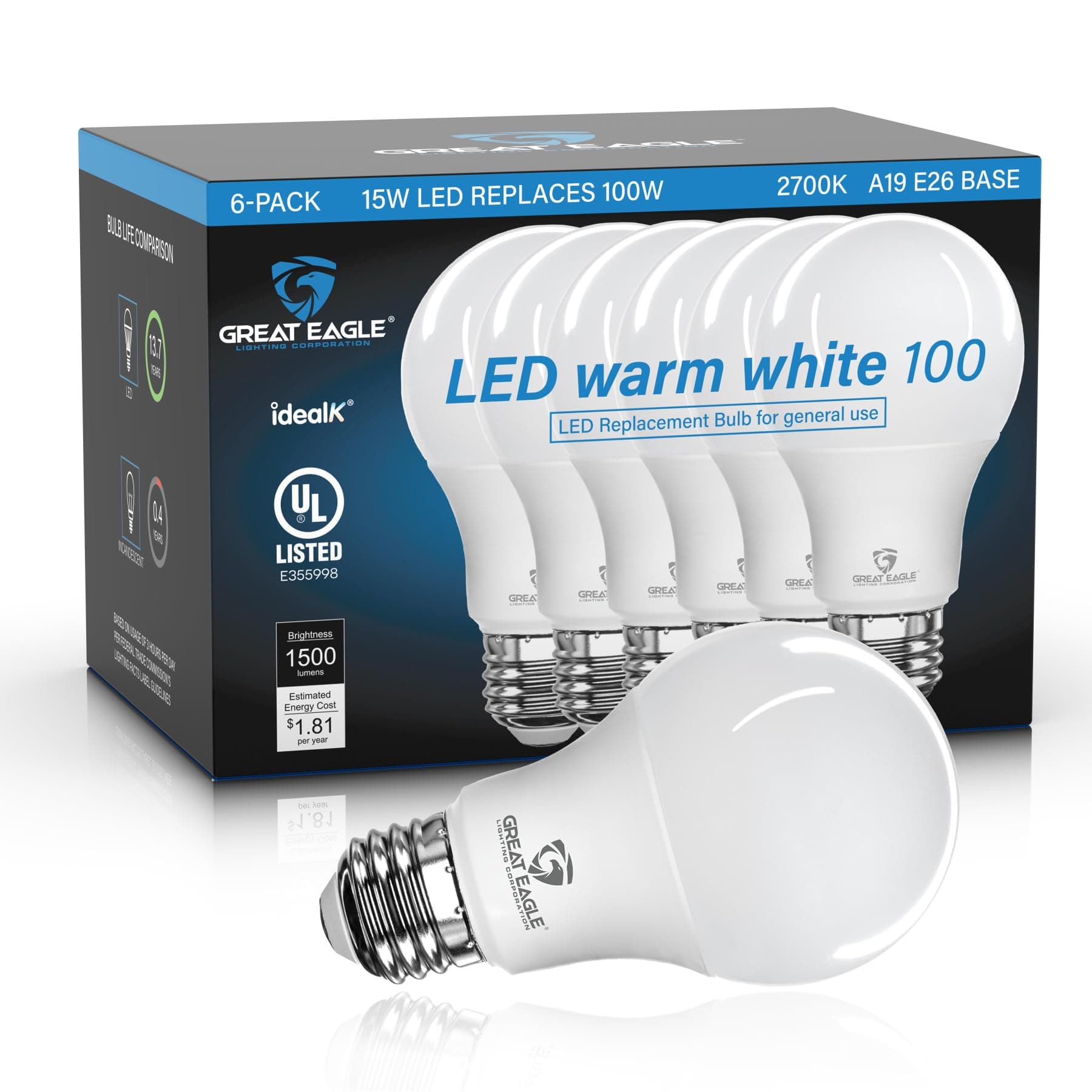 Great Eagle A19 LED Light Bulbs 100 Watt Equivalent - UL Listed - Warm White 2700K LED Light Bulbs, 15W Non-Dimmable, 1500 Lumens (6 Pack)