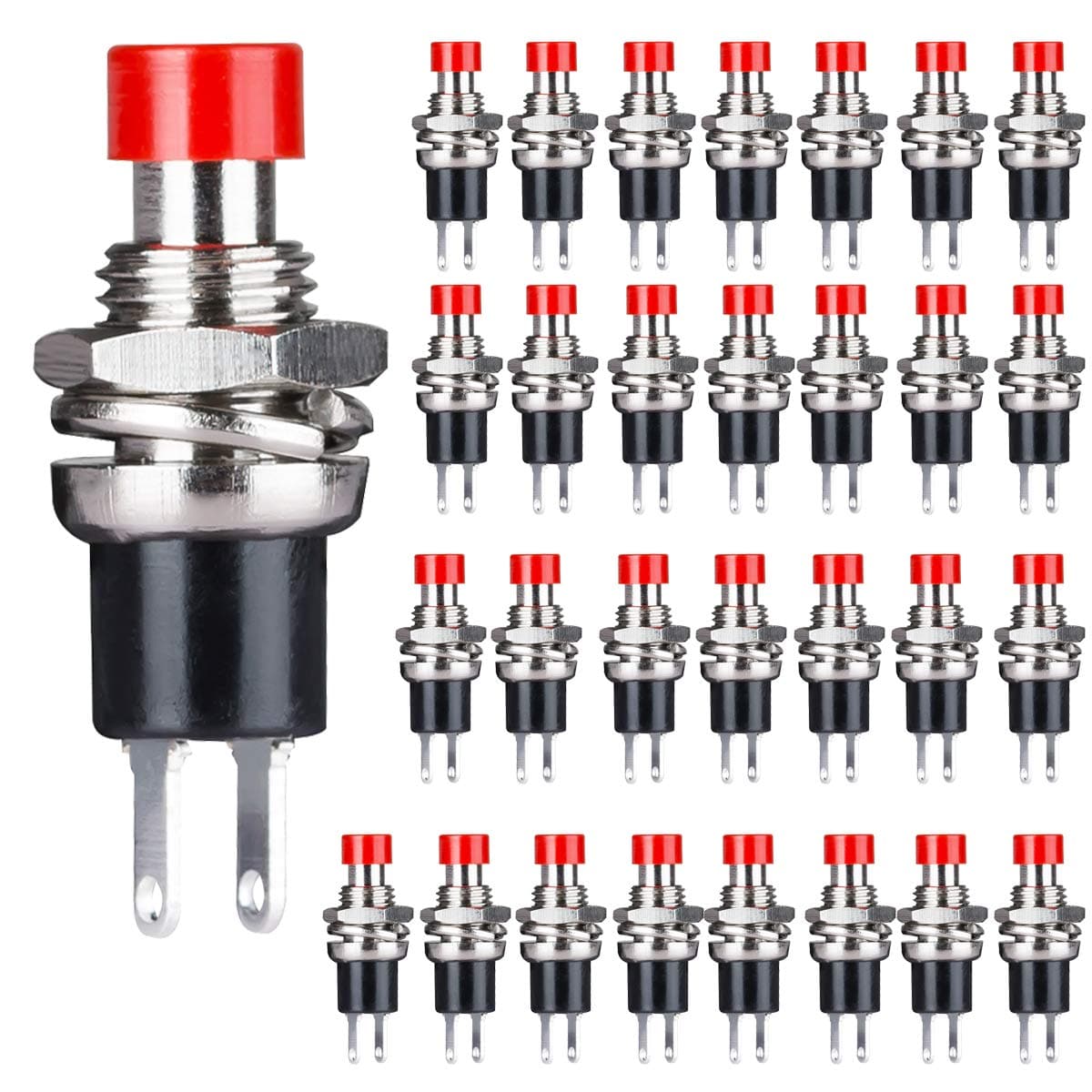 Clyxgs Momentary Push Button Switch, SPST Normal Open NO Switch 2 Pin Mini Micro 1A 250V AC Red Cap 30 PCS
