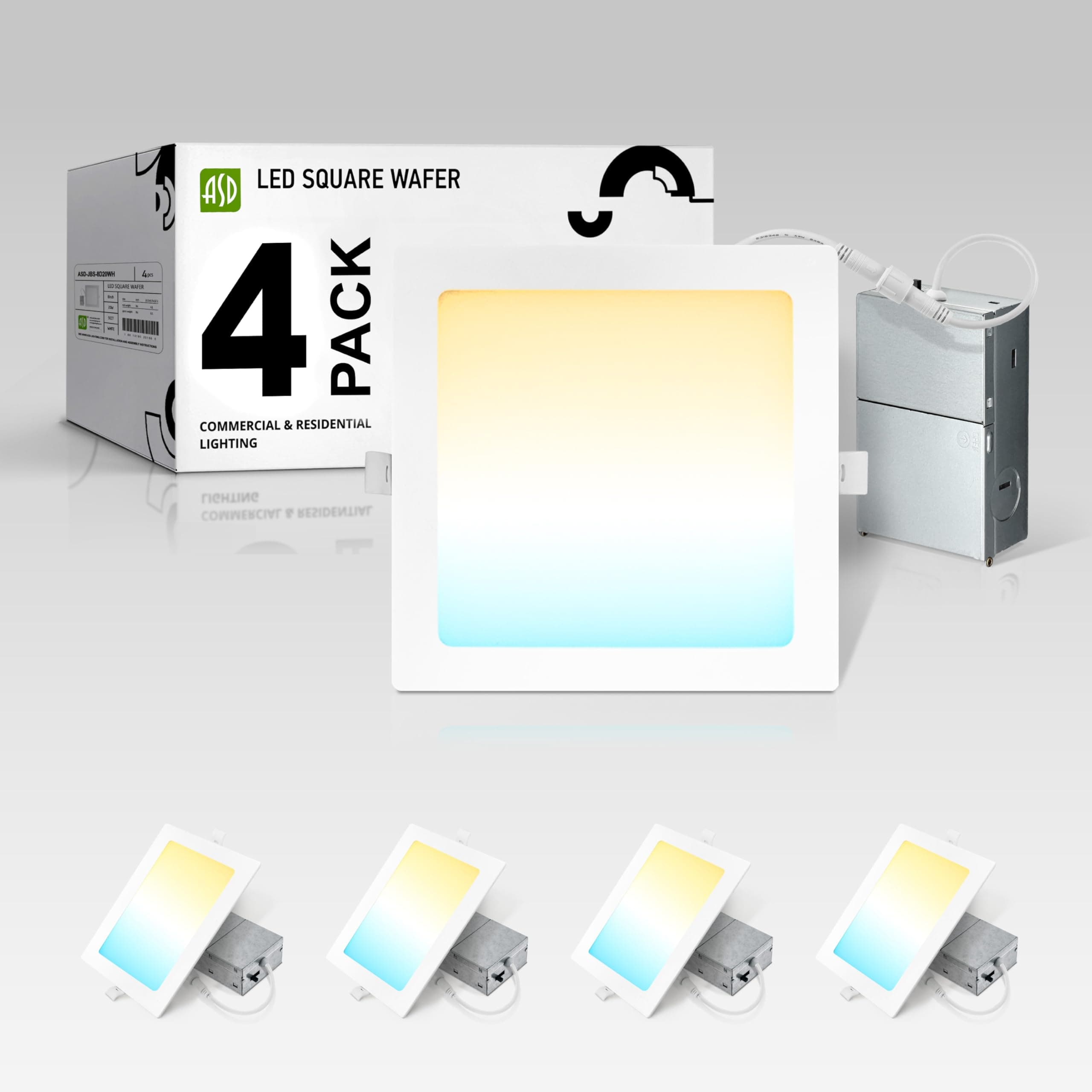 ASD 4 Pack LED Square Recessed Lighting 8 Inch 20W, 5CCT 2700K-5000K CRI90+, Ultra-Thin IC Rated Dimmable Ceiling Lights with Junction Box, Canless Wafer Downlight, ETL Energy Star, White