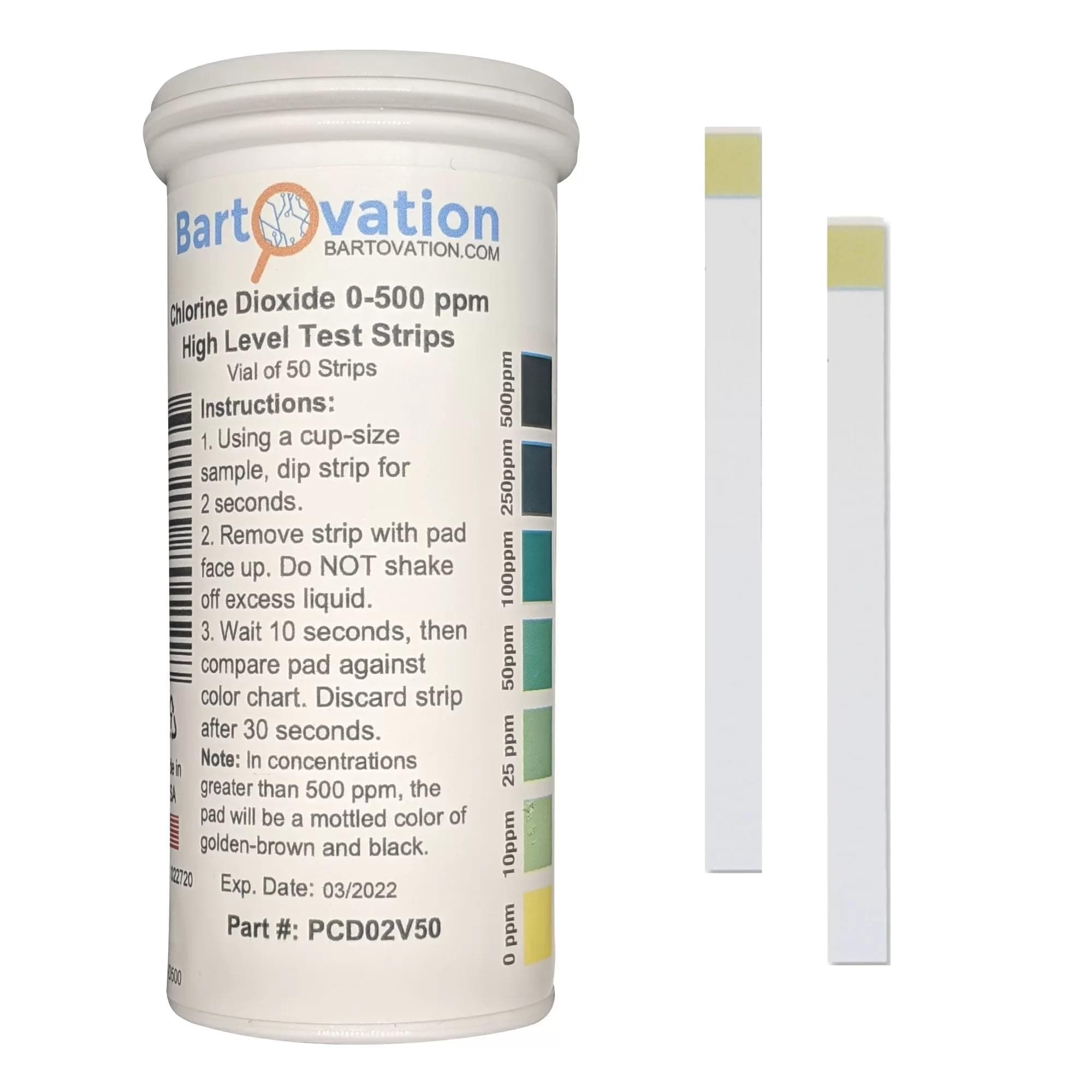 Bartovation Chlorine Dioxide Single Factor Test Strips, 0-500 Ppm [Vial Of 50 Strips]