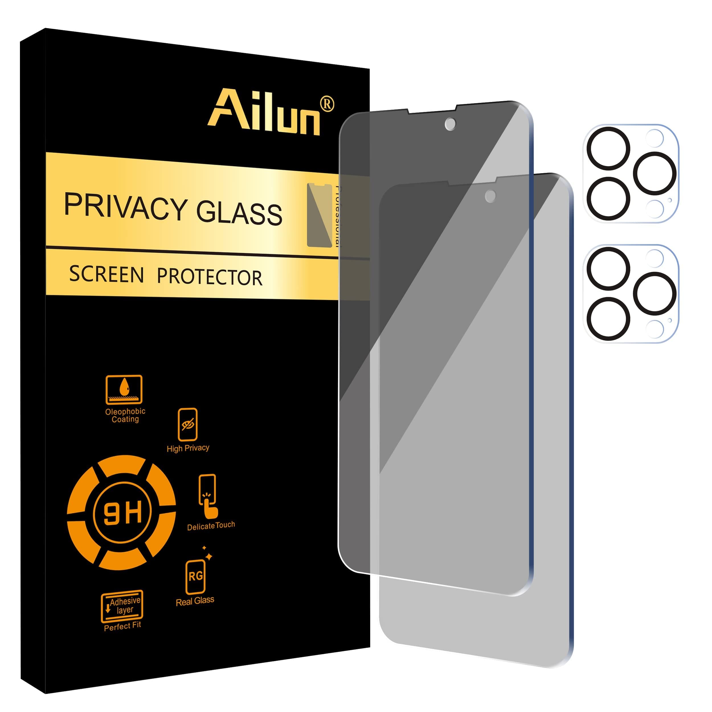 Ailun 2Pack Privacy Screen Protector Compatible for iPhone 14 Pro Max [6.7 inch] + 2 Pack Camera Lens Protector, Anti Spy Private Tempered Glass Film, Case Friendly, [9H Hardness] - HD