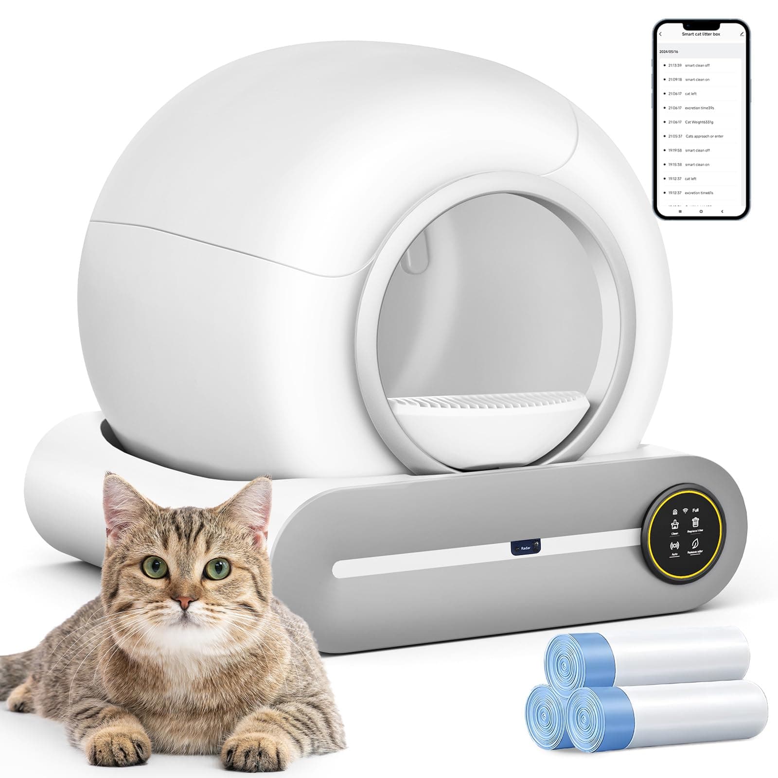 Self Cleaning Cat Litter Box, Automatic Robot Box for Multiple Cats, Smart Self Cleaning with Safety Protection, APP Control, Deodorization and Sterilization, Matte White