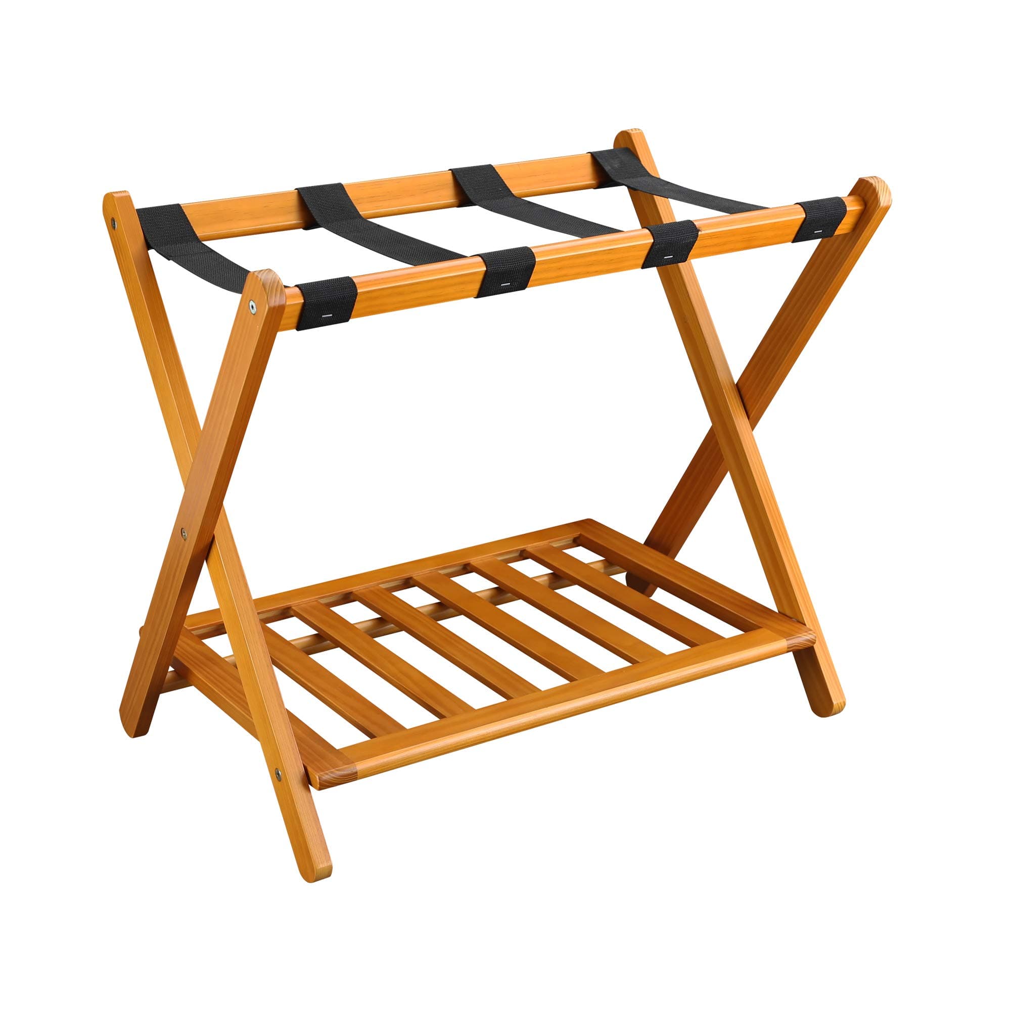 Casual Home Foldable Solid Wood Fully-Assembled Luggage Rack, 26.75"Wide with Shelf, Honey Oak