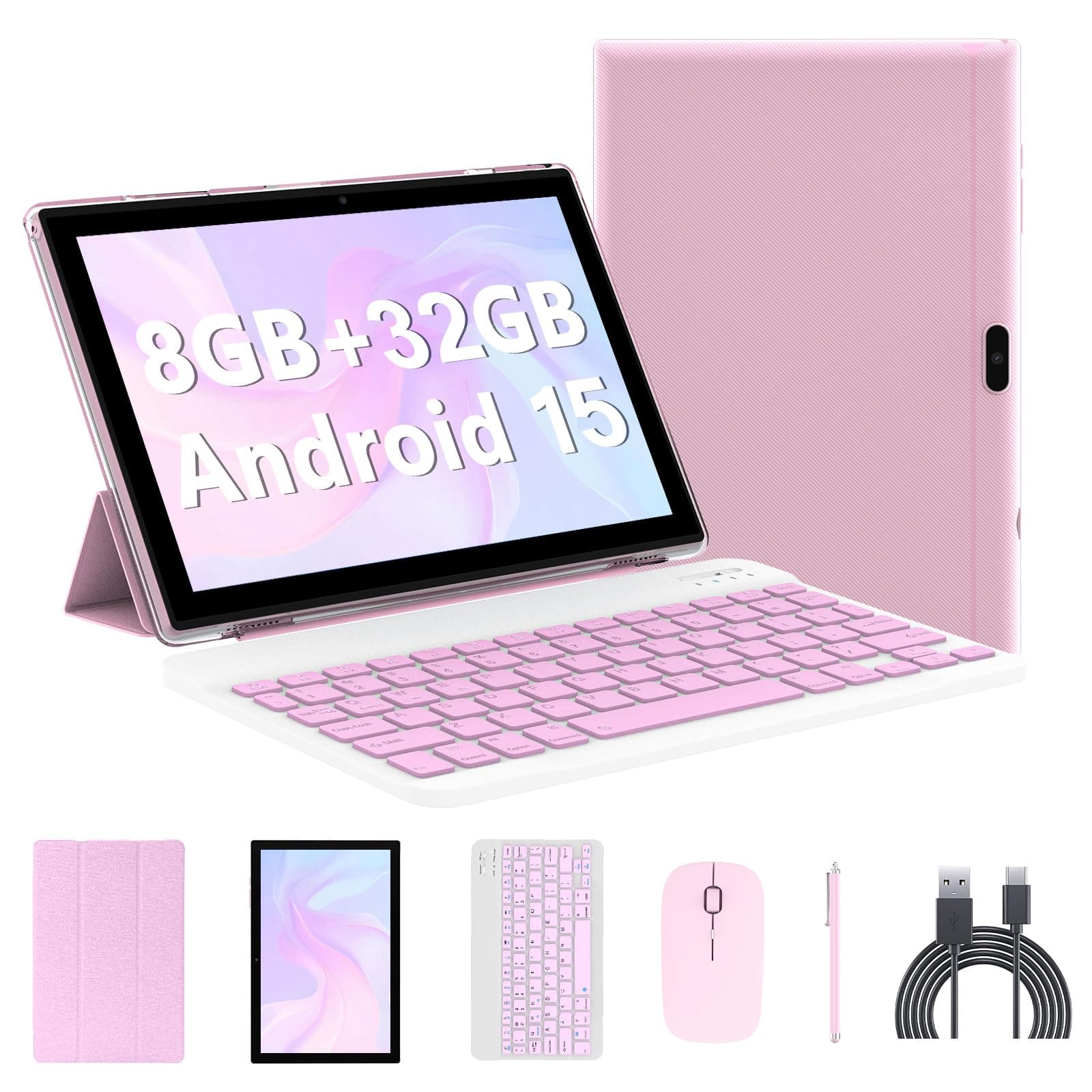 10 inch Tablet with Keyboard 2 in 1 Android 15 Tablets Include Case Wireless Mouse Stylus 6000mAh battery 8GB+32GB/1024GB Expandable 10.1" Tableta, Dual Camera tab 5G WiFi-6 Bluetooth Tablet PC (Pink)