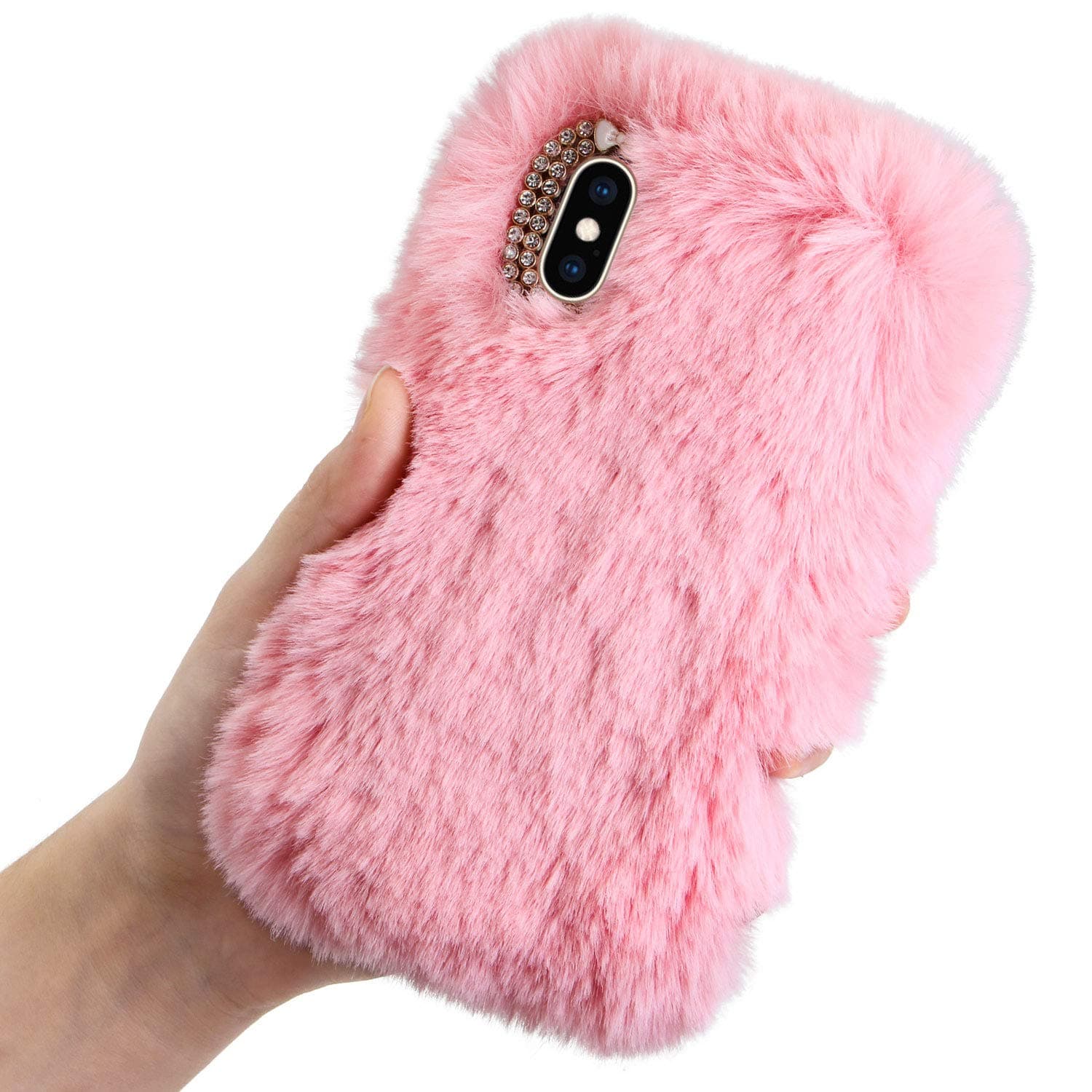 LCHDA Plush Case for iPhone 7/iPhone 8 Rabbit Fur Case, Bunny Furry Fluffy Fuzzy Phone Case for Girls Cute Winter Warm Hair Soft TPU Back Case Cover with Luxury Diamond Bowknot-Pink(4.7)