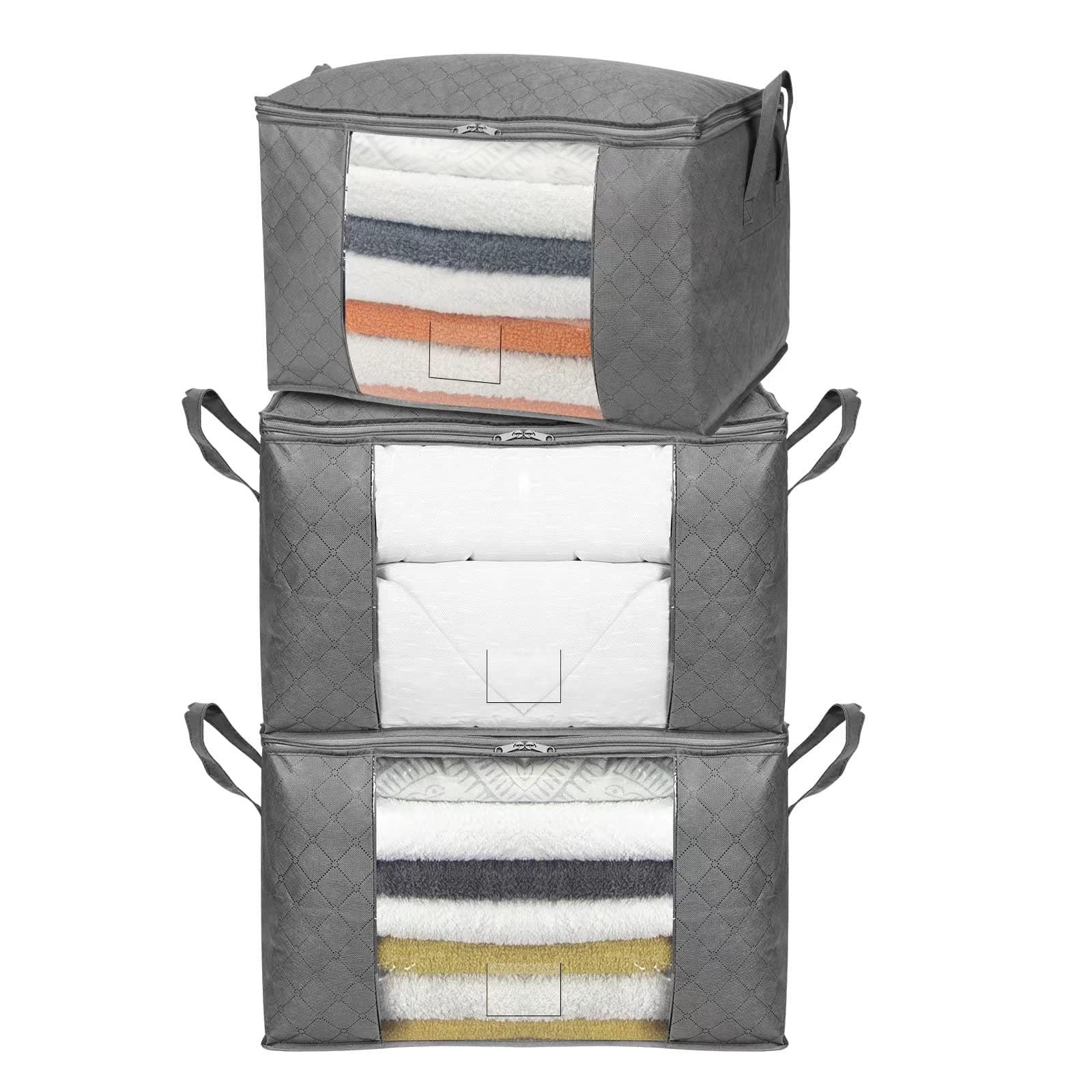 Amazon Basics Foldable Large Zippered Storage Bag Organizer Cubes with Clear Window & Handles, 3-Pack, Gray