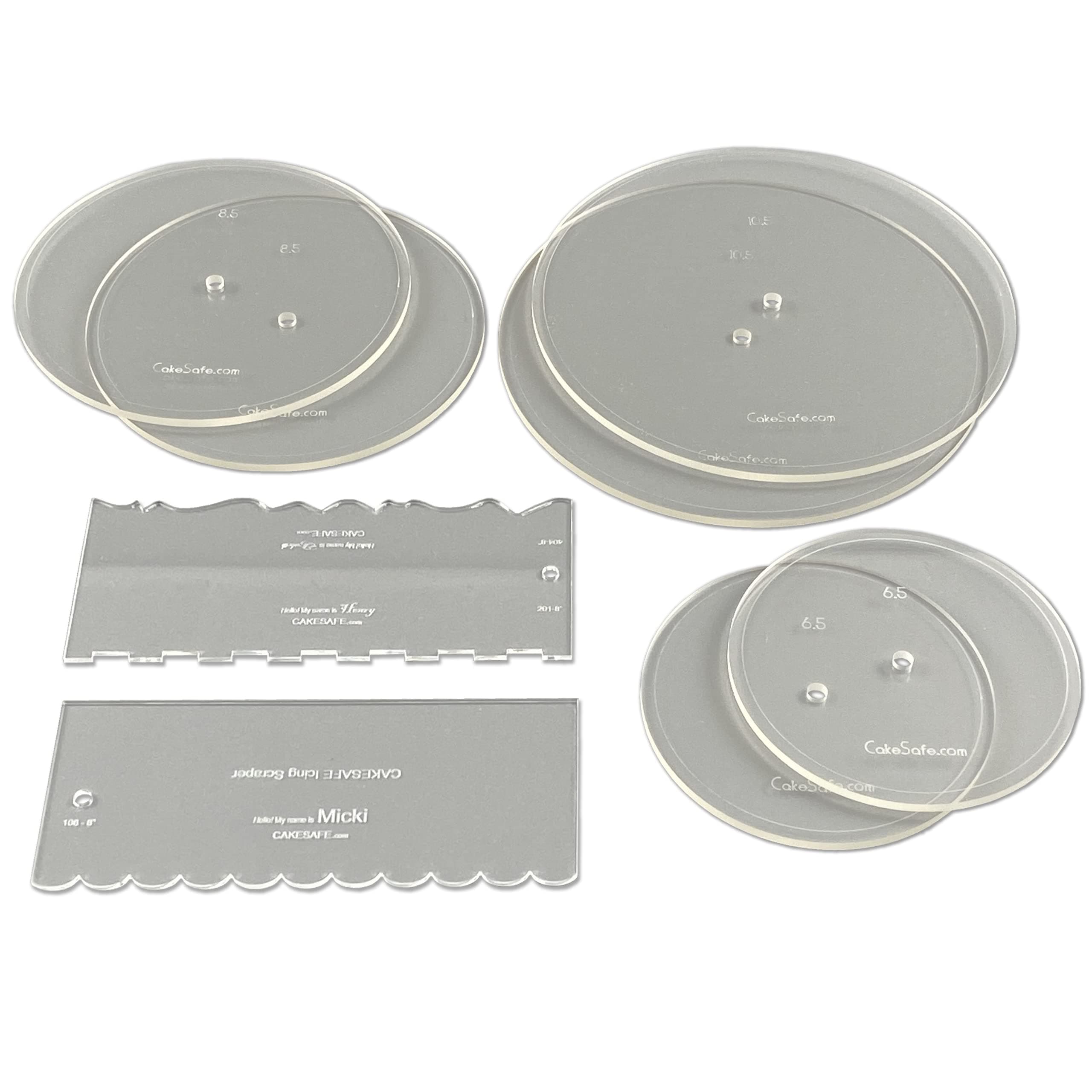 CAKESAFE Essential Cake Decorating Acrylic Disk Kit - 3 Sets - Round 6.5", 8.5", 10.5" Disks Sets (2 disks per size), 2-8" Icing Scrapers with 1 Scraper Edge and 3 Cake Comb Patterns