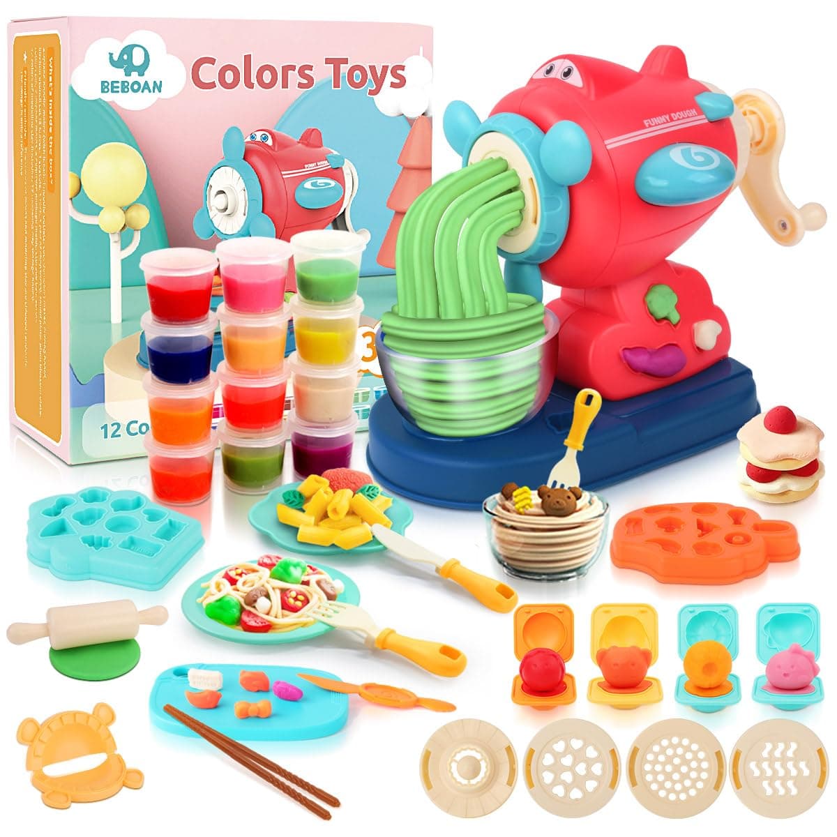 BEBOAN Dough Sets Kitchen Creations Tools Set, 37 pcs Ice Cream/Spaghetti/Noodle Maker Machine Modelling Clay Mould with Roller/Tableware Set for Girls Boys Kids Ages 2/3/4/5/6/7/8 Toy Gift, 12 Dough