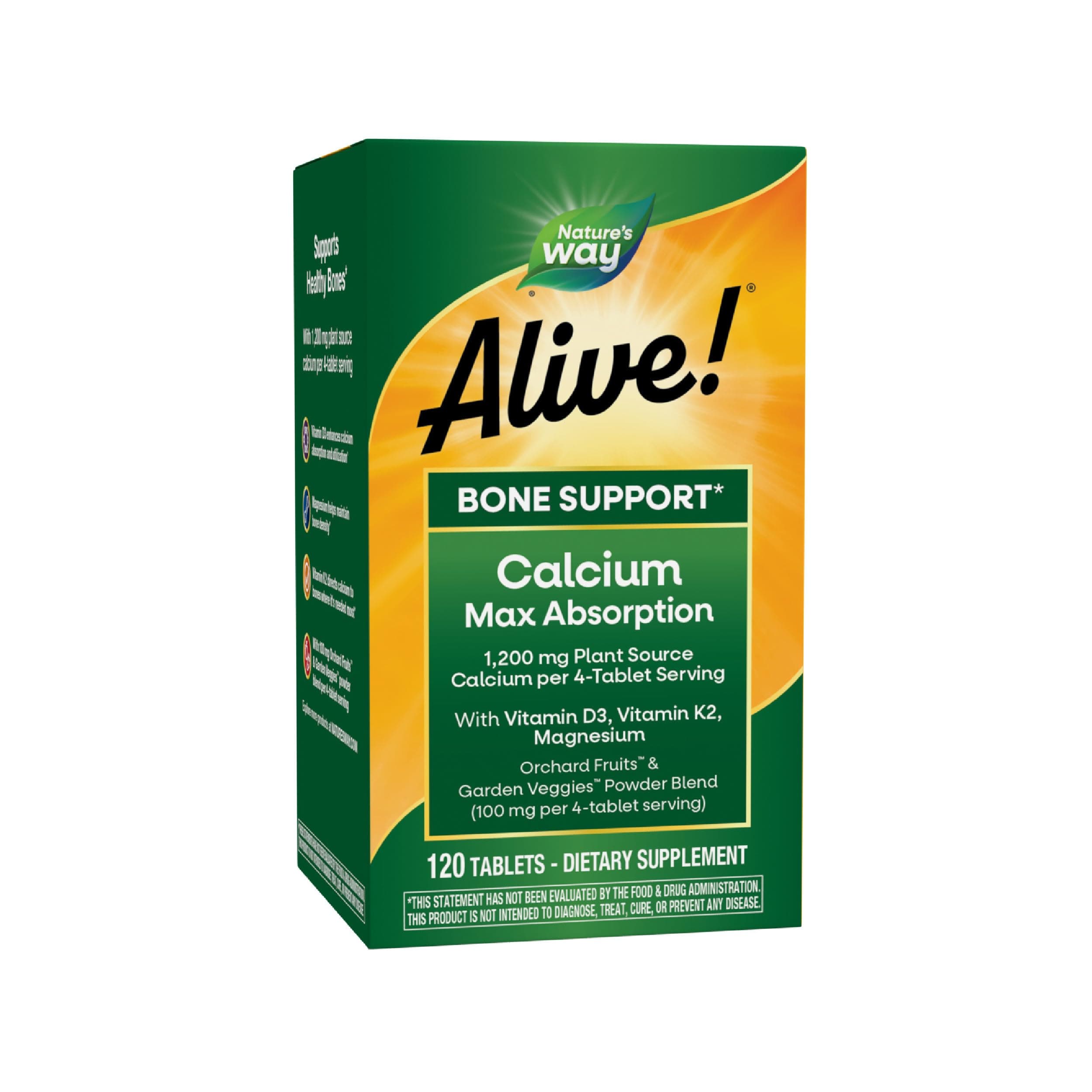 Nature’s Way Alive! Calcium Bone Support Tablets*, Max Absorption Calcium Supplement with Vitamins D3, K2, & Magnesium, Promotes Bone Health and Bone Density*, Gluten Free, 120 Tablets