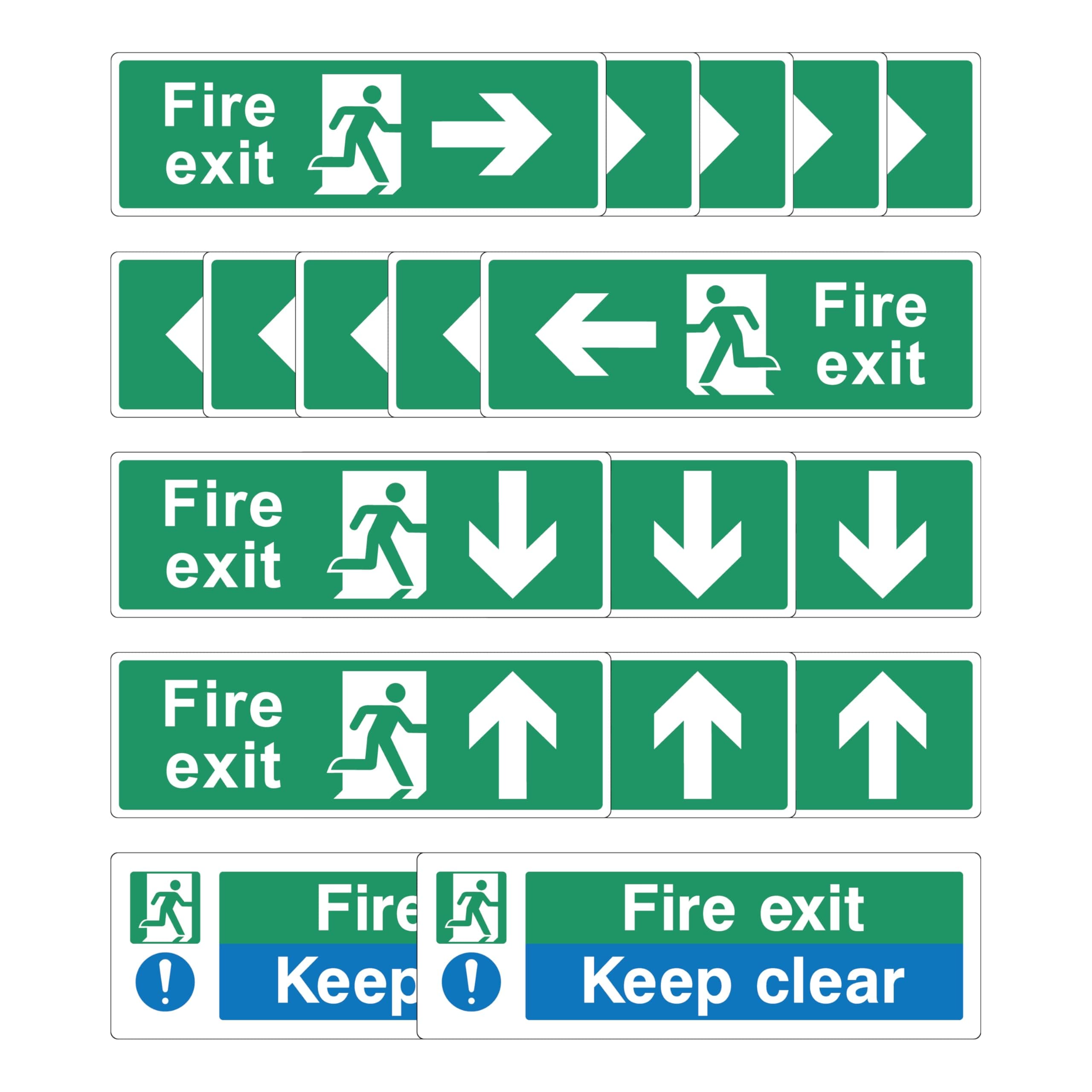Fire Exit Sign Bundle [Pack of 18] - Arrow, Keep Clear, Emergency, and Escape Signs - Compliant, Easy Peel Installation (Self Adhesive)