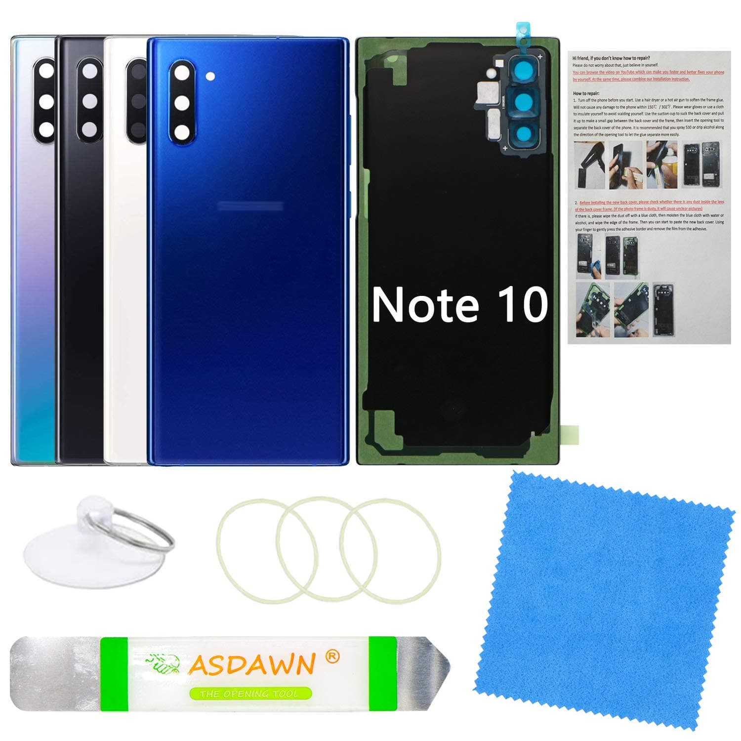 Galaxy Note 10 Replacement Back Glass Panel Case with Installation Manual + Pre-Installed Camera Lens + Repair Tool Kit for Samsung Galaxy Note 10 SM-N970 All Carriers (Aura Blue)