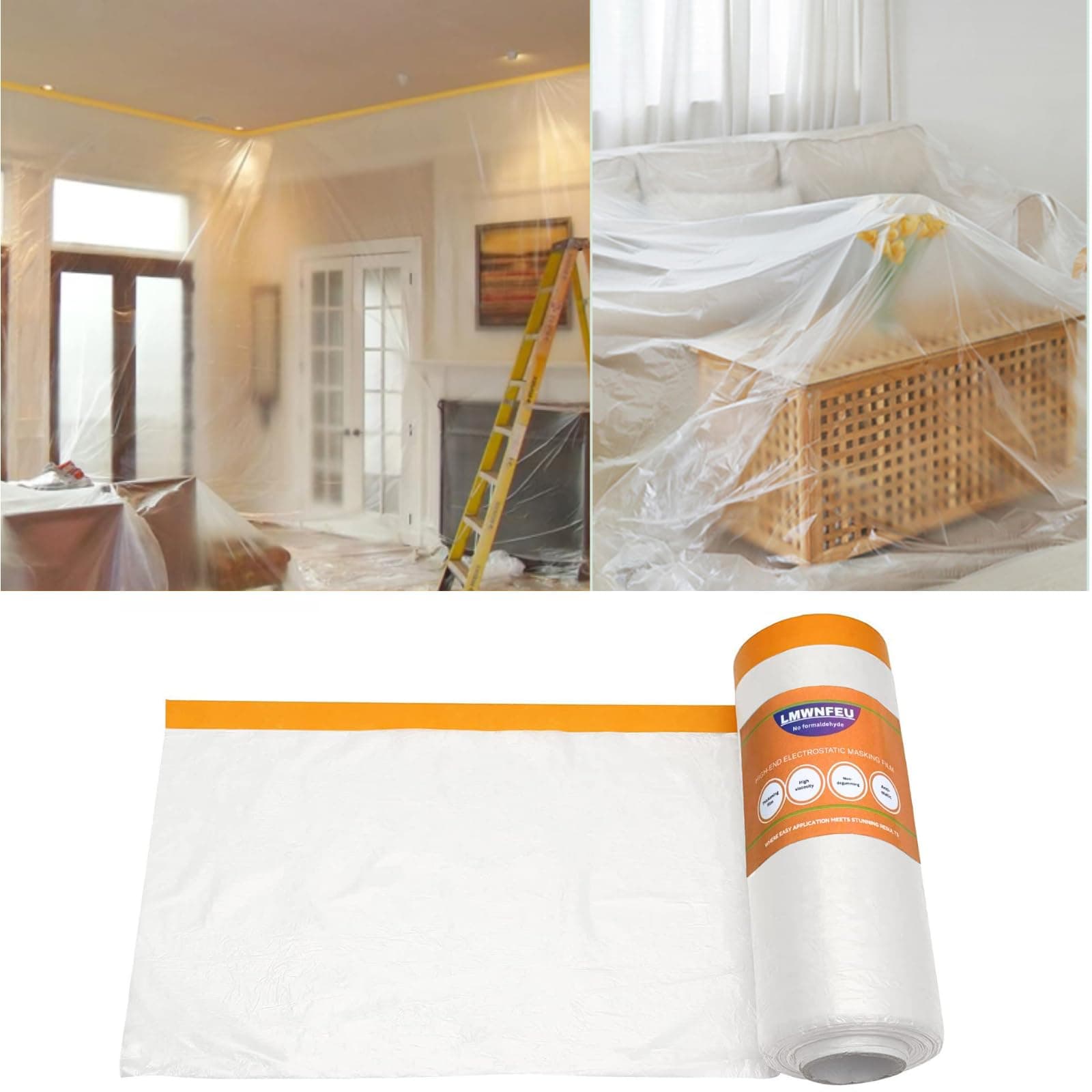 Plastic Dust Sheets for Decorating,2.4m x 20m Waterproof Masking Film Rolls, Pre-Taped Tape and Drape for Painting Furniture Covering