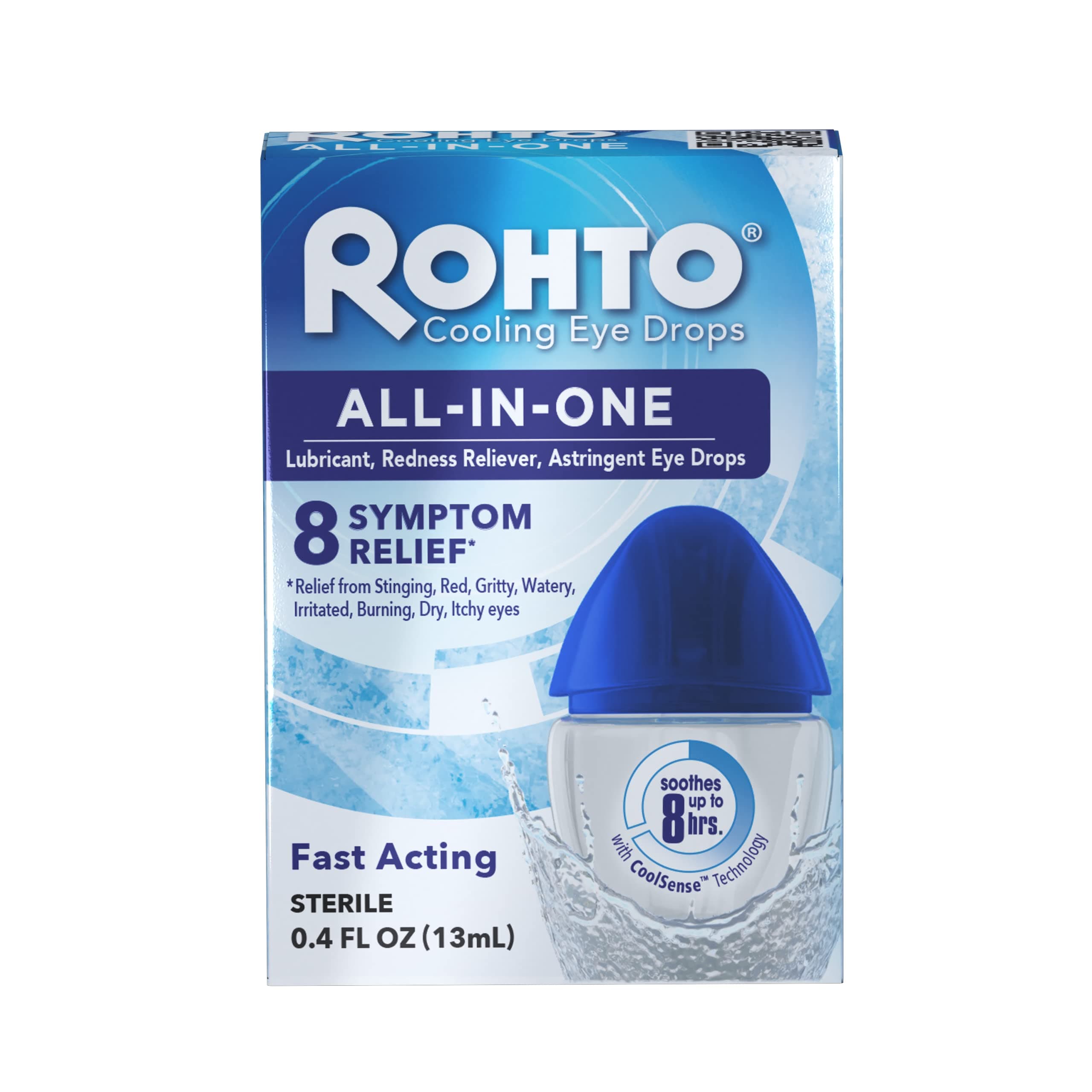 Rohto All-in-One Multi-Symptom Eye Drops, CoolSense™ Technology Relieves Irritation from Red, Dry, Itchy, Burning, Gritty, and Watery Eyes, 0.4 fl oz, 3 Count