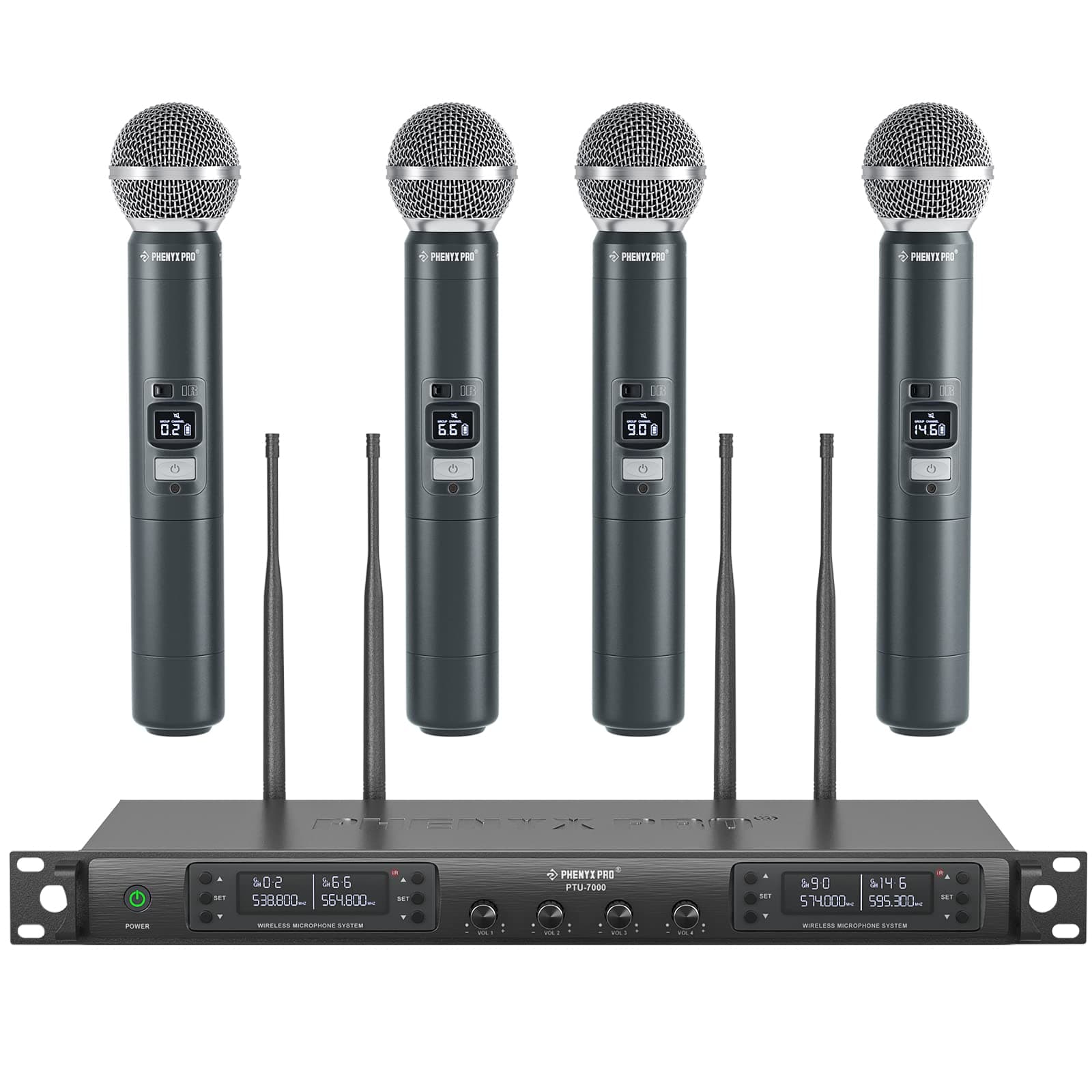 Wireless Microphone System, Quad Channel Wireless Mic, w/ 4x40 UHF Frequencies, Auto Scan, 328ft Long Range, 4 Handheld Dynamic Microphone for Singing, Church, Karaoke (PTU-7000-4H)