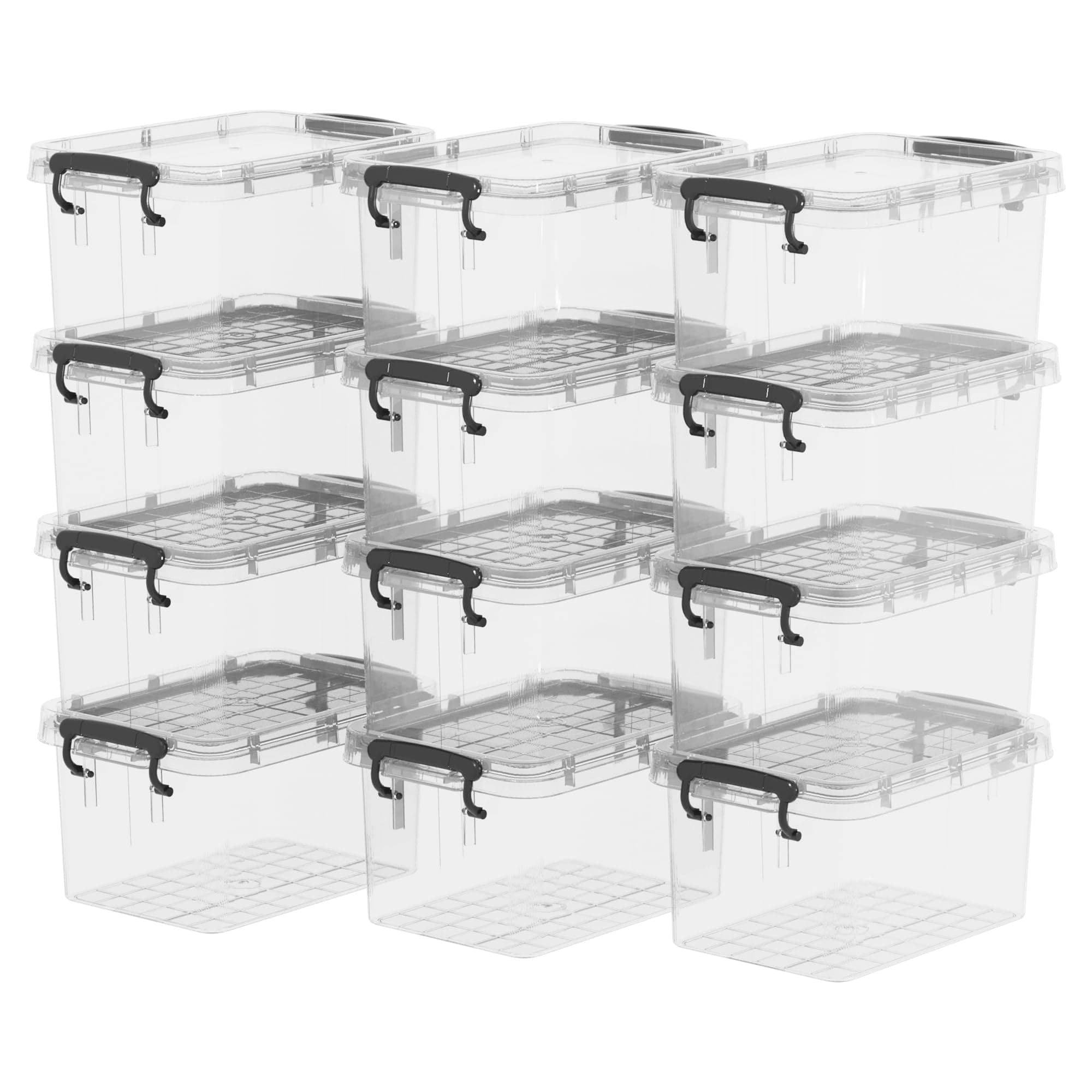 Plastic Storage Bin Tote Stackable and Nestable Organizing Container with Lid and Secure Latching Buckles, Clear, 3.2Qt x 12, Pack of 12