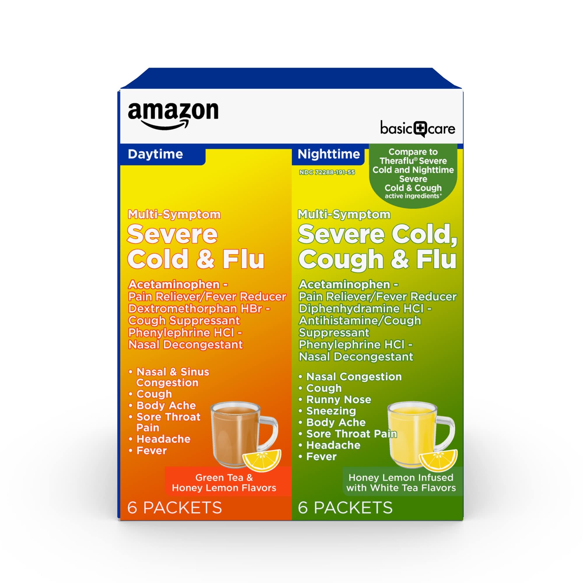 Amazon Basic Care Severe Cold, Cough and Flu Medicine Powder Packets, Daytime and Nighttime Combination Pack, Green Tea & Honey Lemon, 12 Count