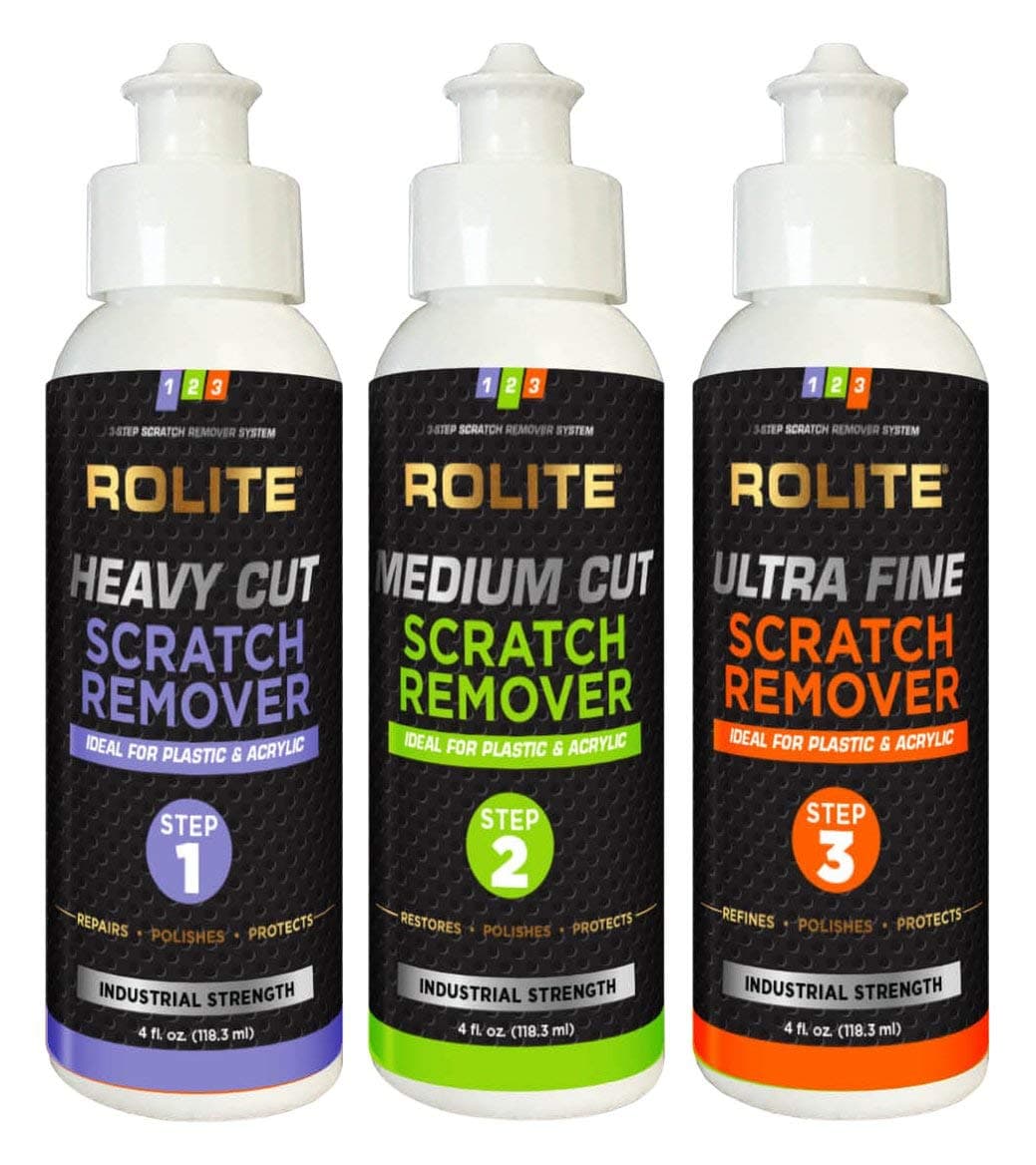 Rolite 3 Step Scratch Removal System for Clear Plastic and Acrylic Surfaces - Heavy Cut, Medium Cut and Ultra Fine Combo Set Removes Scratch and Swirl Marks, 3 - 4 Ounce Bottles