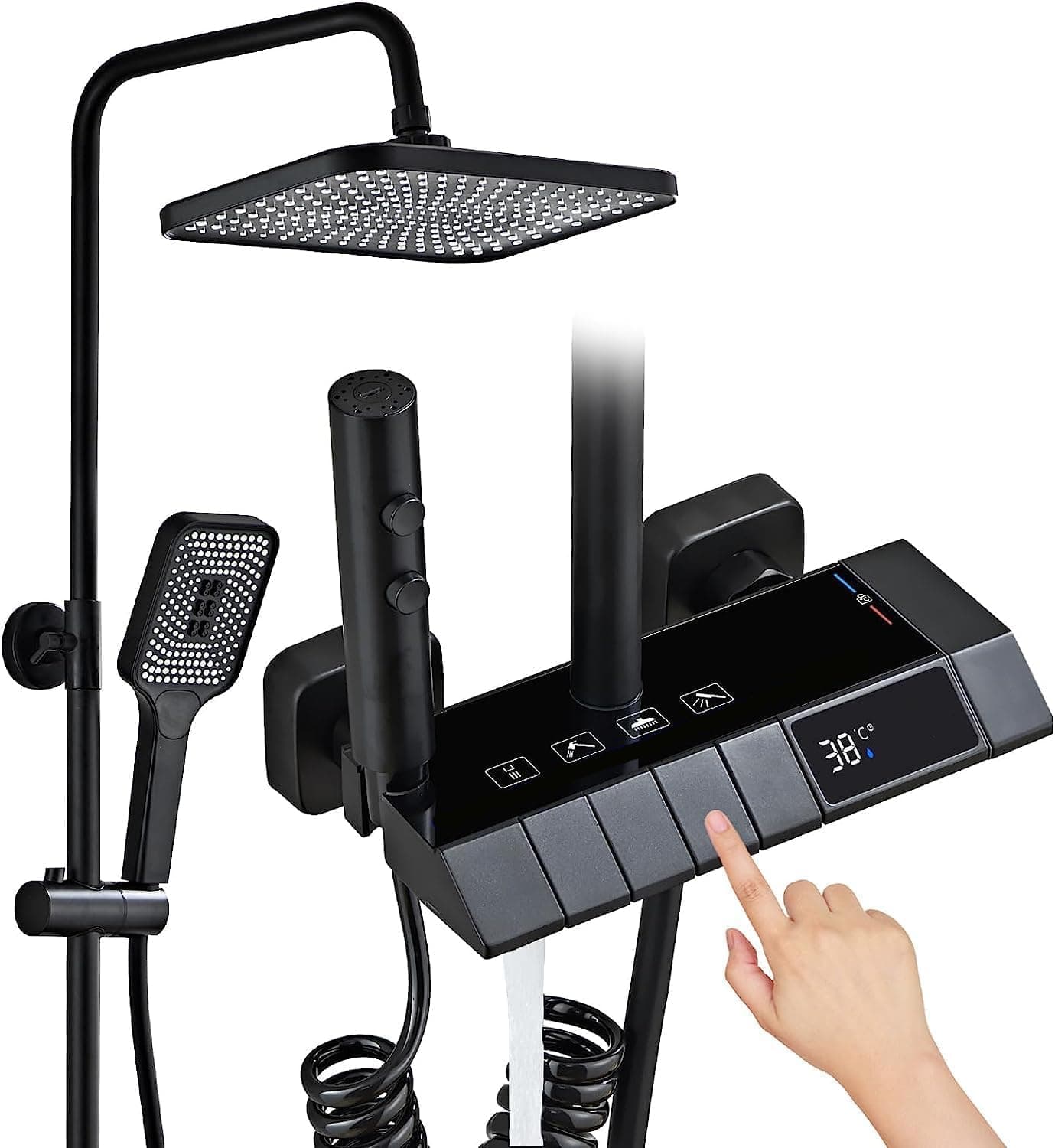 COOLBABY Black Shower System with LED Digital Display, Wall Mount Rain Mixer Combo Set, 4-Way Fixture with 12" Rain Head, 3-Mode Handheld, and Bidet