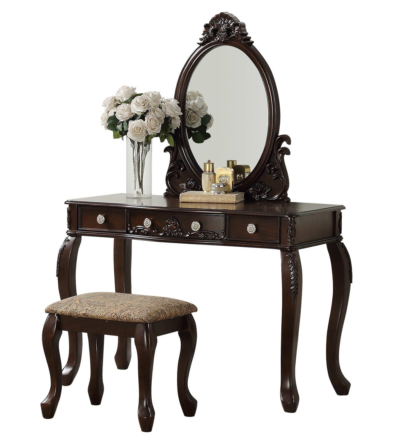 BOBKONA PDEX- Oval Shape Mirror Vanity Table with Stool Set, Espresso