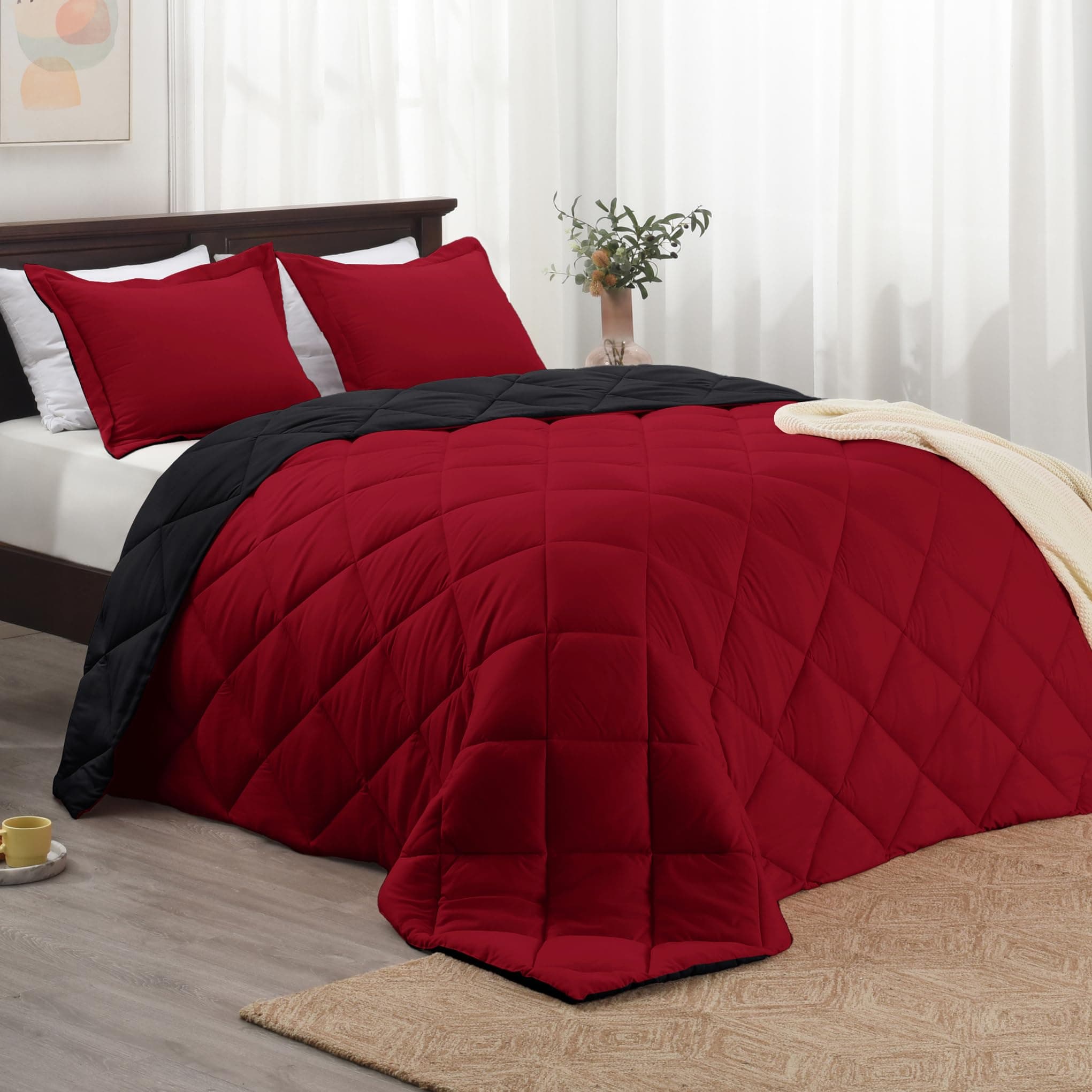 Basic Beyond Queen Comforter Set, Red and Black Comforter Set Queen Size, Reversible Bed Comforter Queen Bed Set for All Seasons, 1 Comforter (88"x92") and 2 Pillow Shams (20"x26"+2")