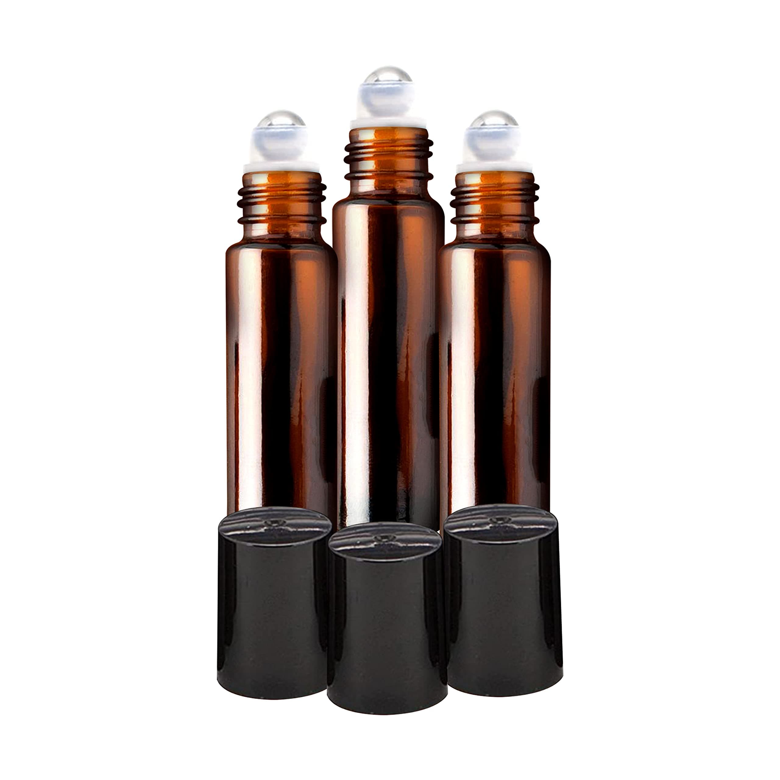 Empty Amber Glass Roller Bottles, Empty Perfume Bottles (10 ml) With Black Cap For Essential Oils, Perfumes, Lip Balms, Aroma | Refillable Reusable Bottle (Pack Of 3)