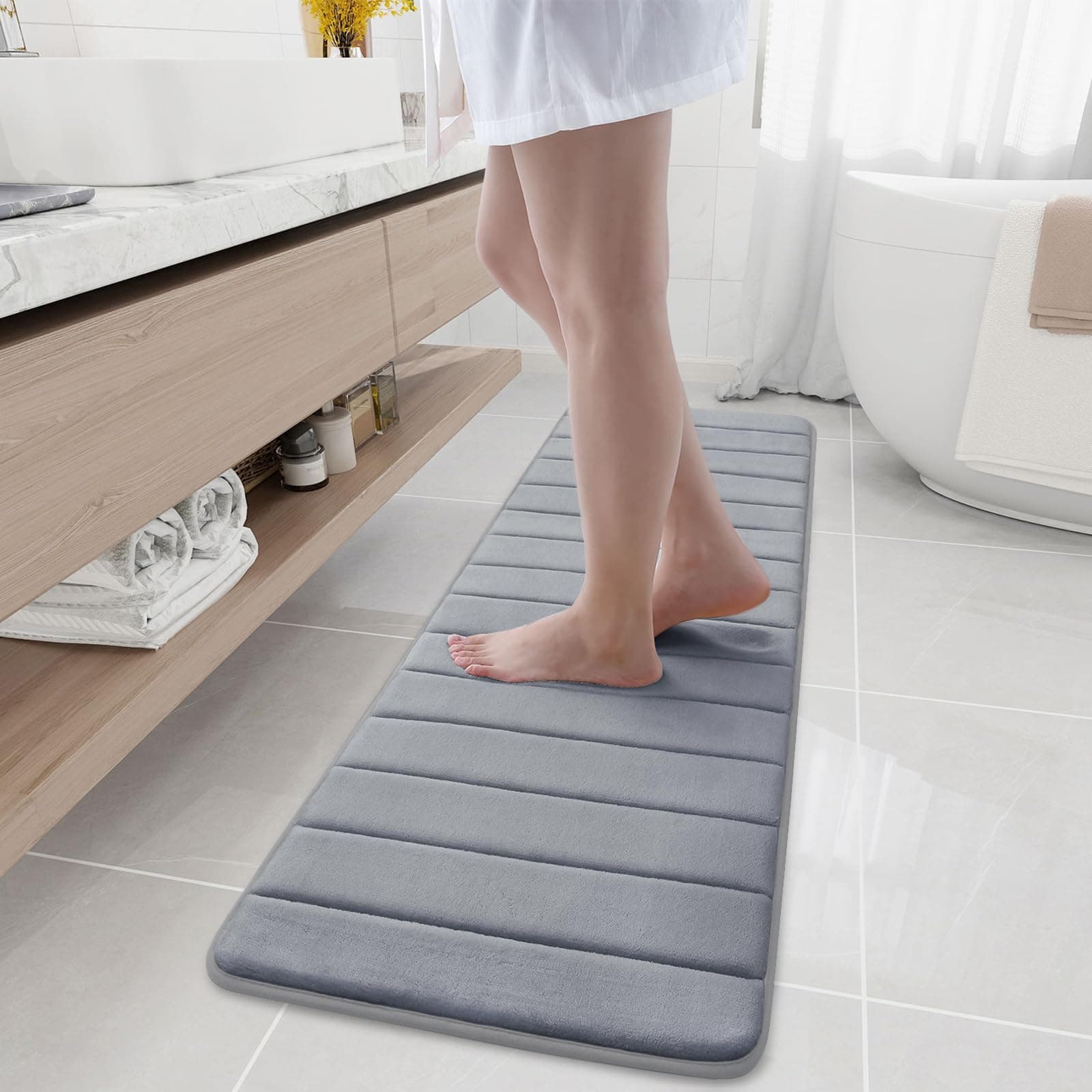 Buganda Memory Foam Bath Mat, 59" x 17", Ultra Soft and Non-Slip Bathroom Rugs, Water Absorbent and Machine Washable Bath Rug Runner for Bathroom, Shower, and Tub, Medium Grey