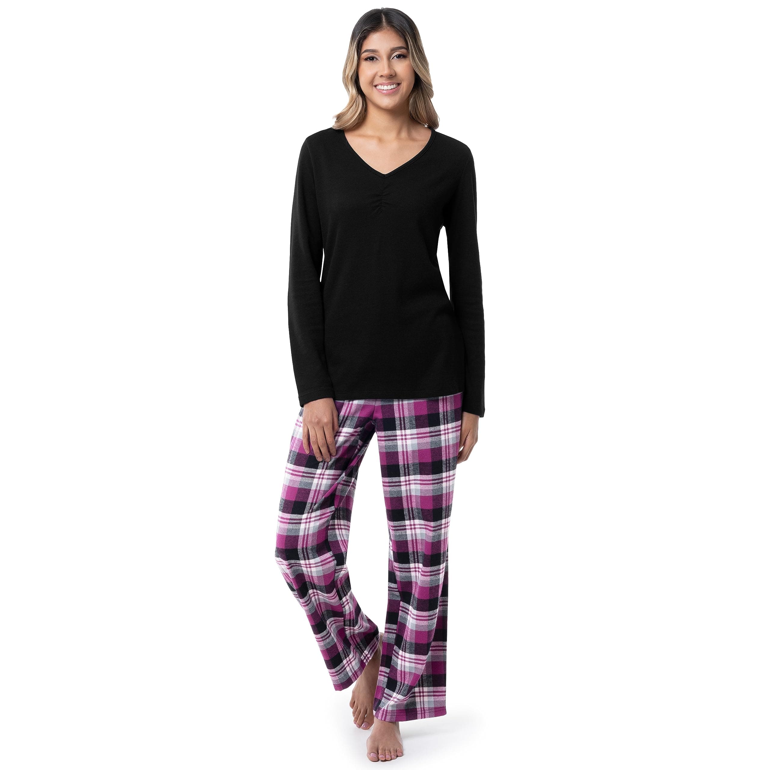 Women's Waffle V-Neck Top and Flannel Pant Sleep Pajama Set