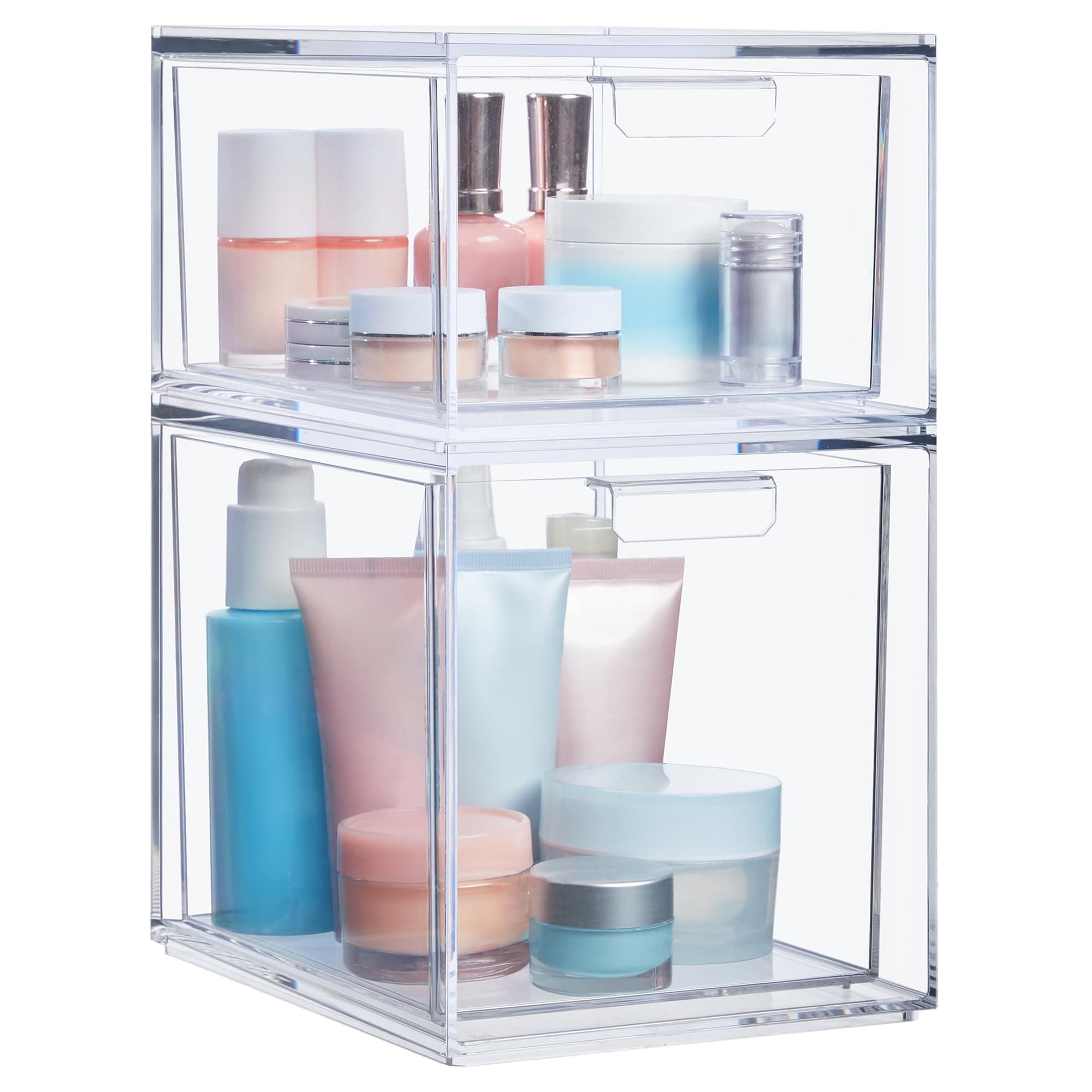 Audrey Stackable Clear Bin Plastic Organizer Drawers | 2 Piece Set | Organize Cosmetics and Beauty Supplies on a Vanity | Made in USA