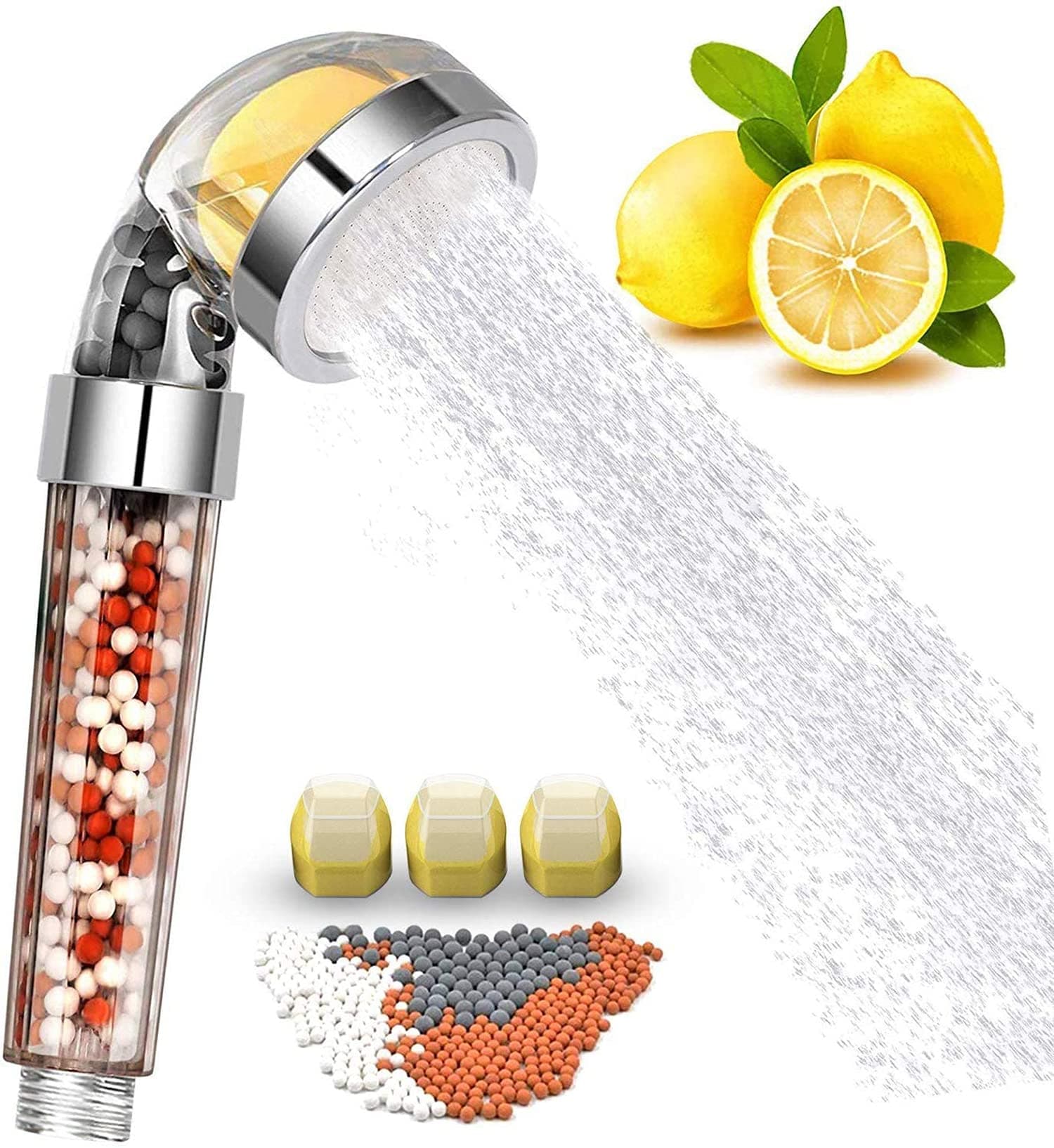 Vitamin C Filter Shower Head with 3 Replacement Balms - Handheld High Pressure Shower Head Remove Chlorine for Hard Water Softener with Citrus Smell for Dry Skin and Hair Loss