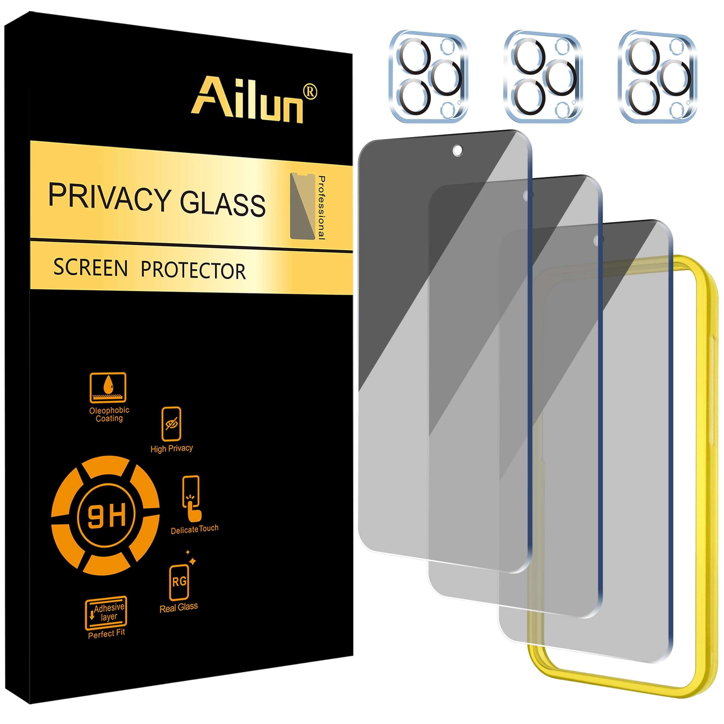 Ailun 3Pack Privacy Screen Protector for iPhone 15 Pro [6.1 inch]+3Pack Camera Lens Protector with Installation Frame,Dynamic Island Compatible,Anti Spy Private Tempered Glass[9H Hardness]-HD