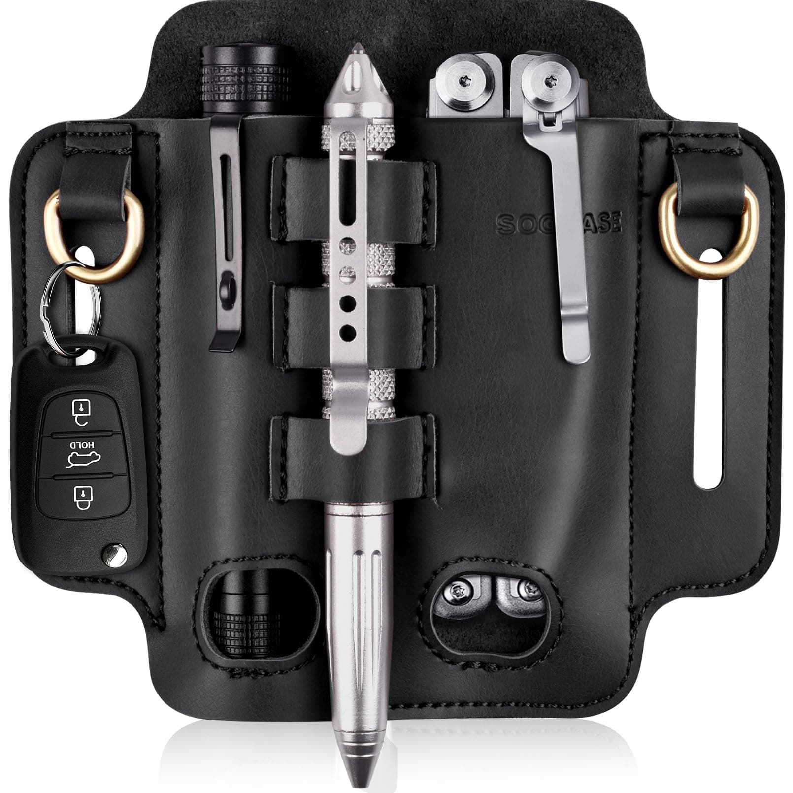 Leather EDC Multitool Sheath, Belt Tool Organizer for Flashlight and Multitool and Multitool Kits, Black
