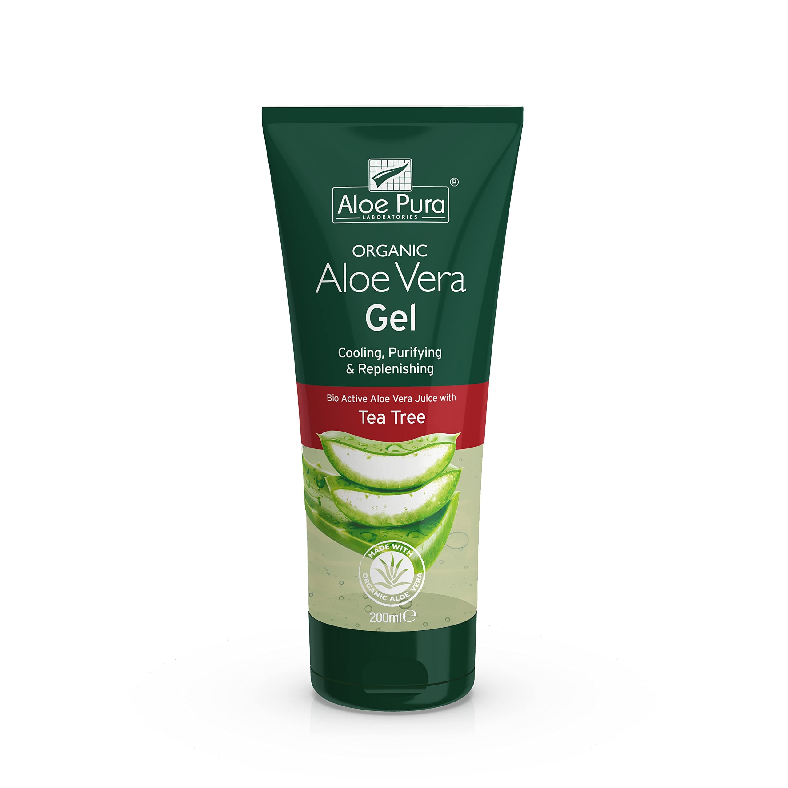 Organic Aloe Vera Gel with Tea Tree, Natural, Vegan, Cruelty Free, Paraben & SLS Free, Cooling, Purifying, 200 ml